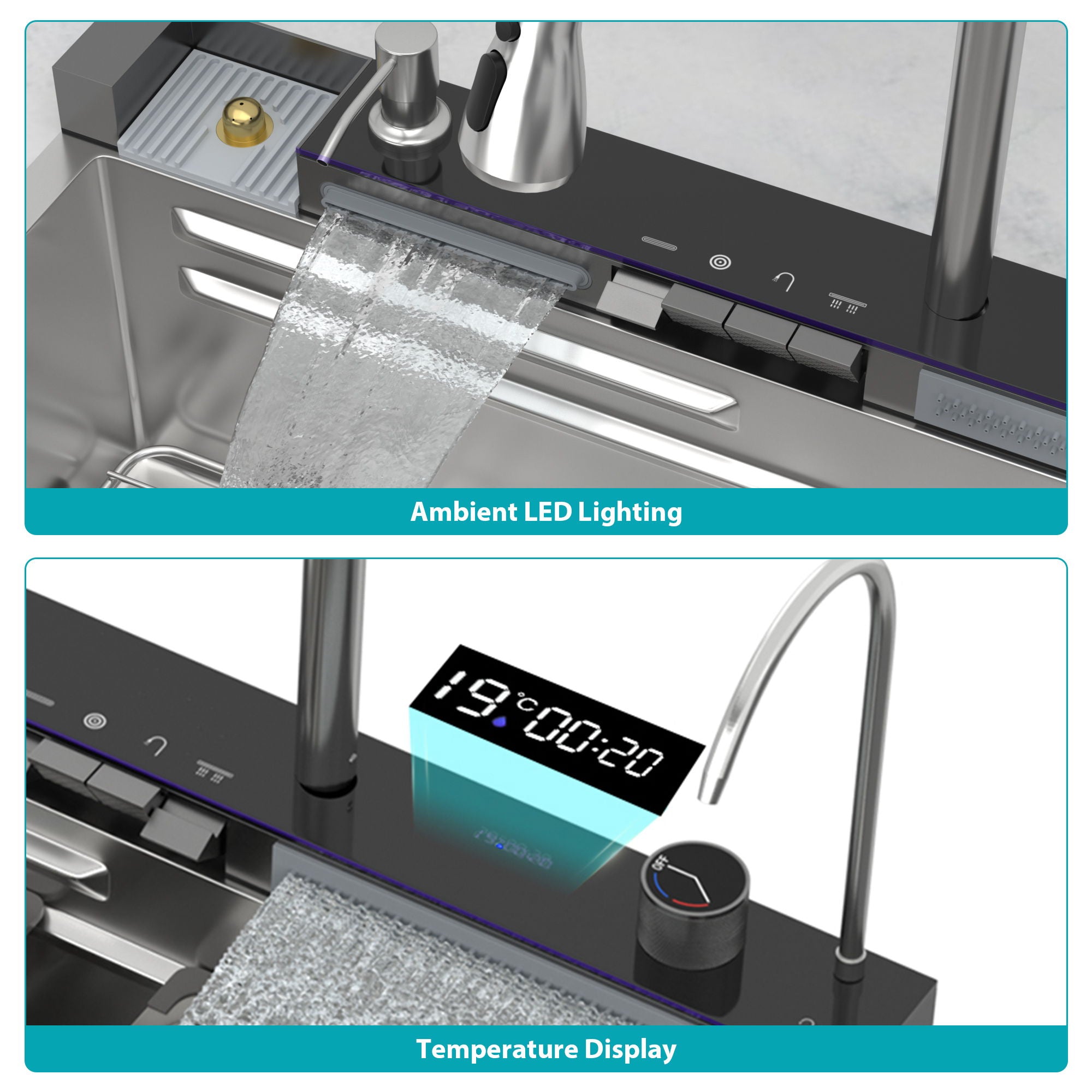 Kitchen Waterfall Sink Single Bowl With LED Faucet, Ledge Workstation, And Multi Function Pull Out Spray - Brushed Nickel