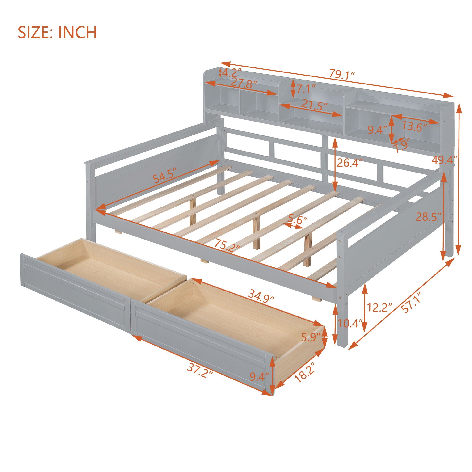 Daybed, Slat Support, With Bedside Shelves And 2 Drawers