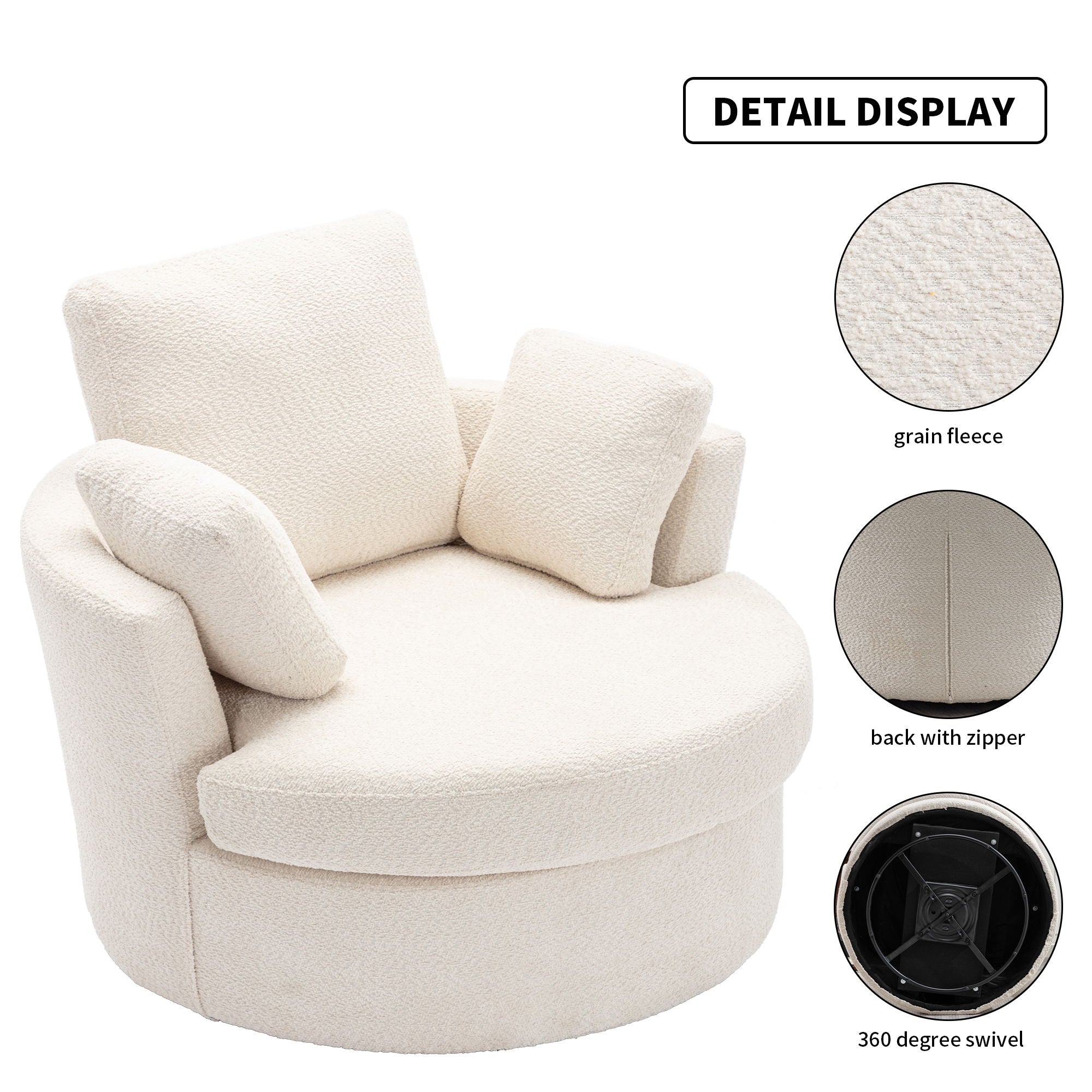 Oversize Round Swivel Chair Cozy Club 360 Degrees Swivel Sofa With 3 Pillows Chenille Fabric For Living Room