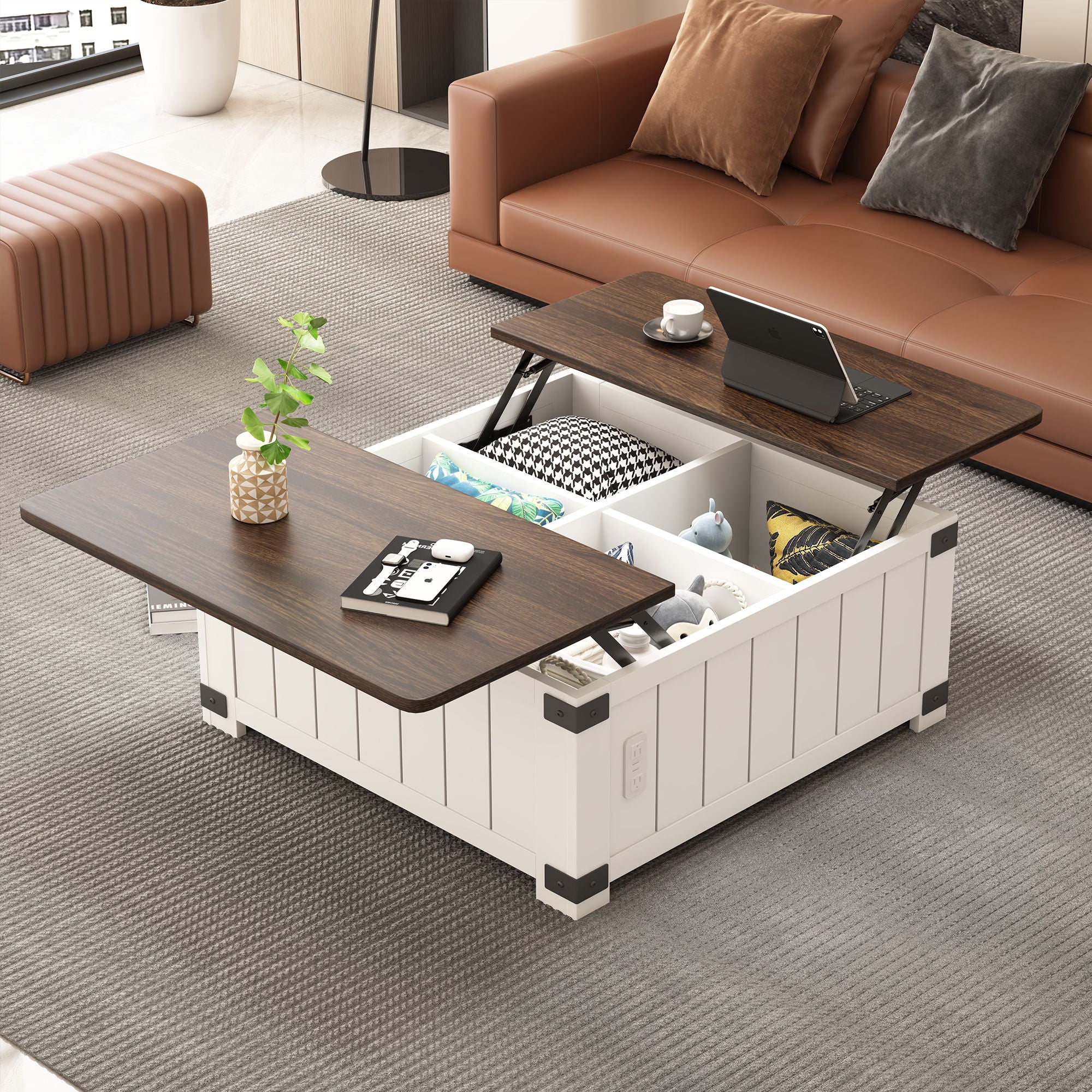 Farmhouse Style Lift Top Coffee Table With Storage And Charging Station - White Wood - Best Buy Furniture