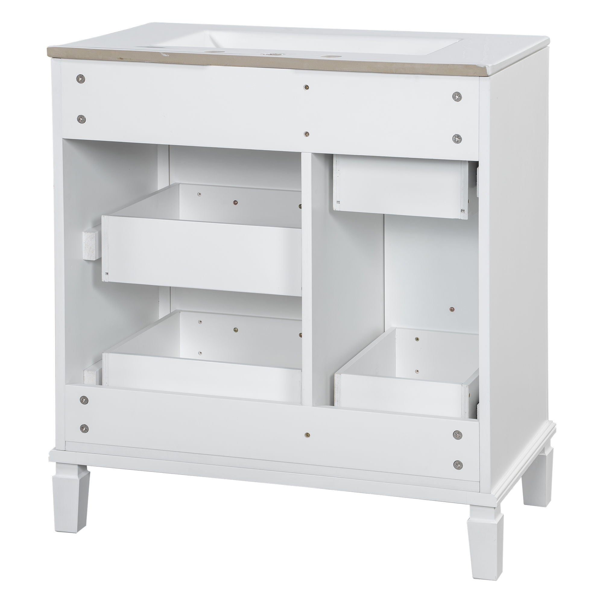 Bathroom Vanity With Ceramic Sink, Flip Out Drawer Design For Plumbing, Soft Close Drawers