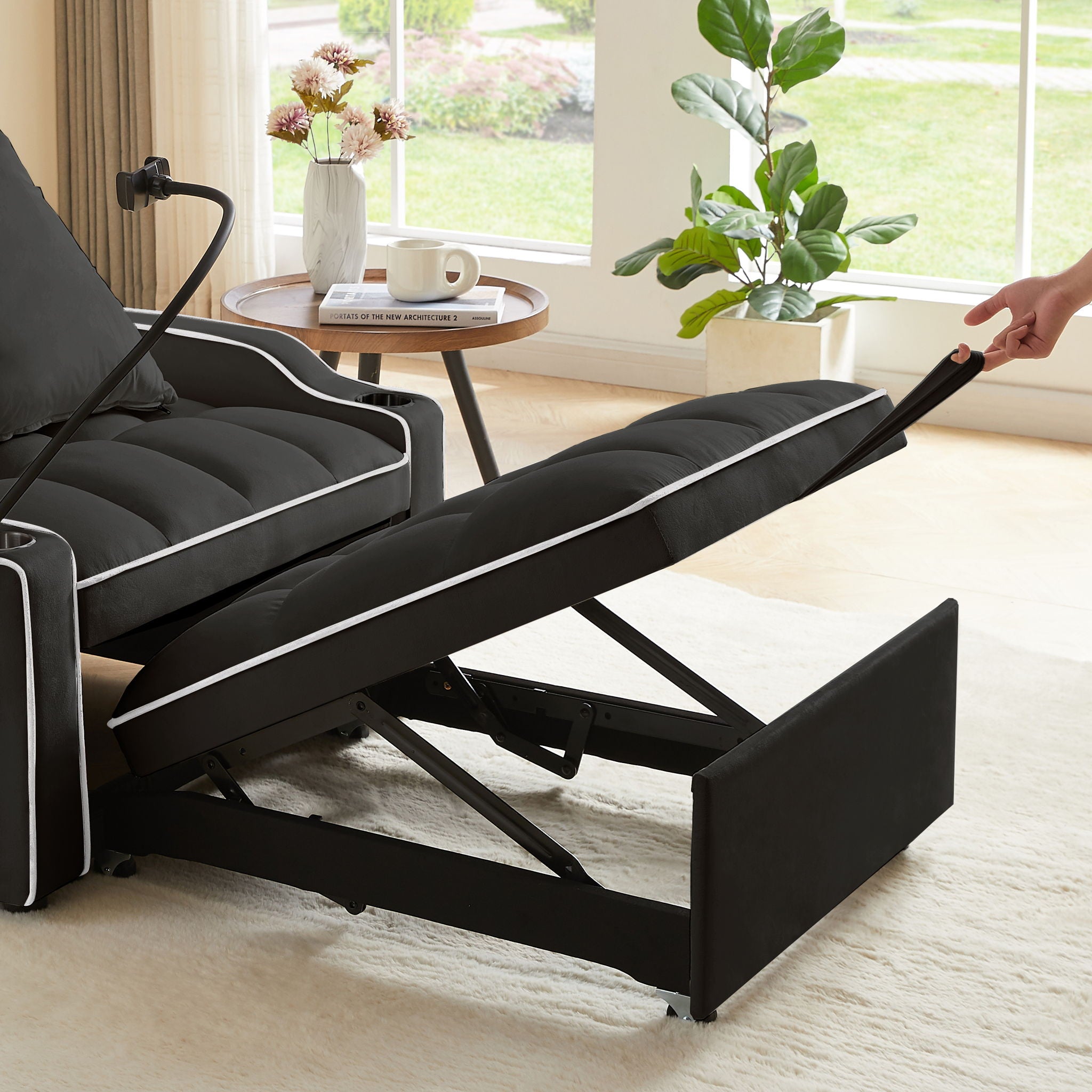 Convertible Velvet 3 In 1 Sofa Bed With Adjustable Sleeper Chair And Multi Pockets