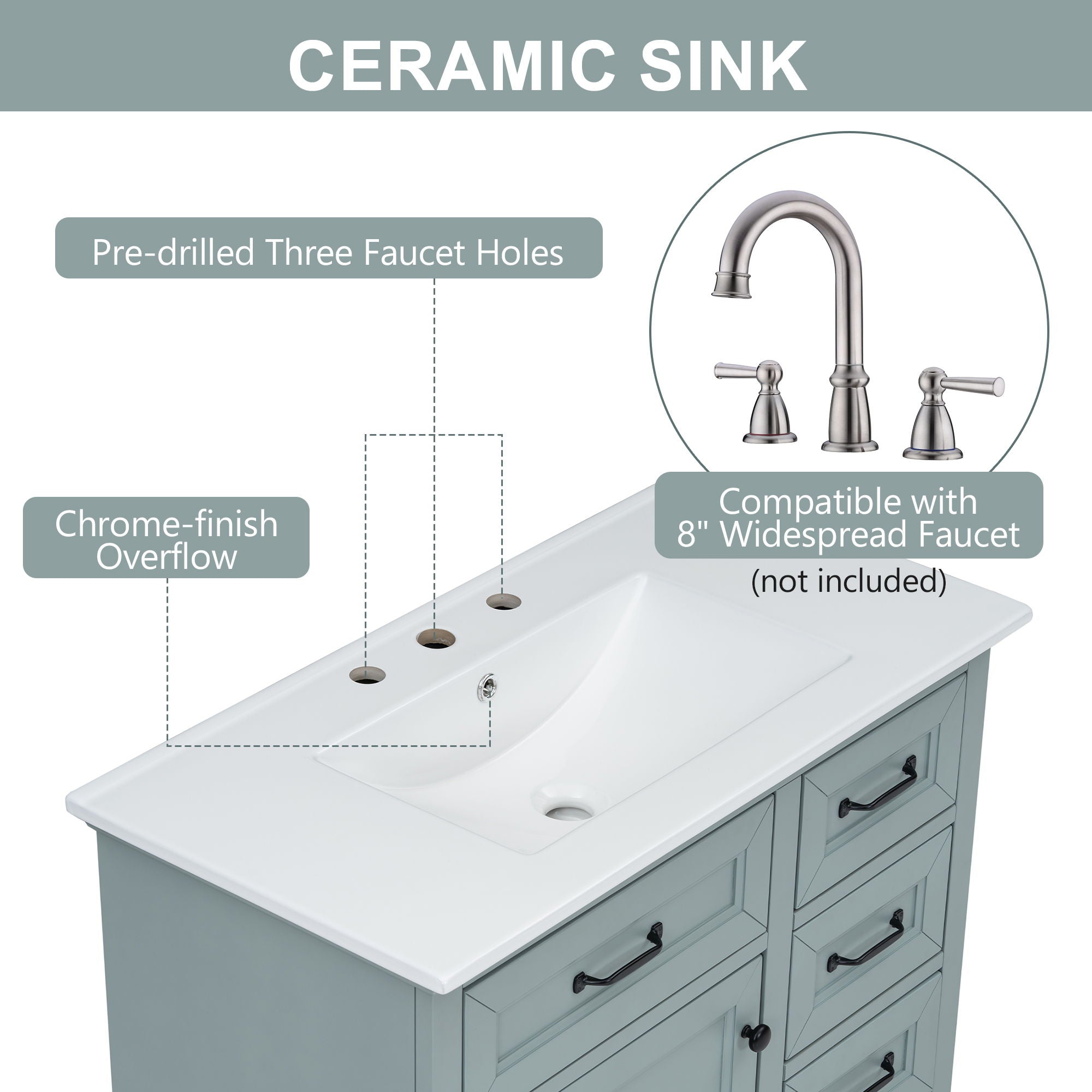 36" Bathroom Vanity With Sink, 2 Tip Out Drawers, Soft Close Hinges