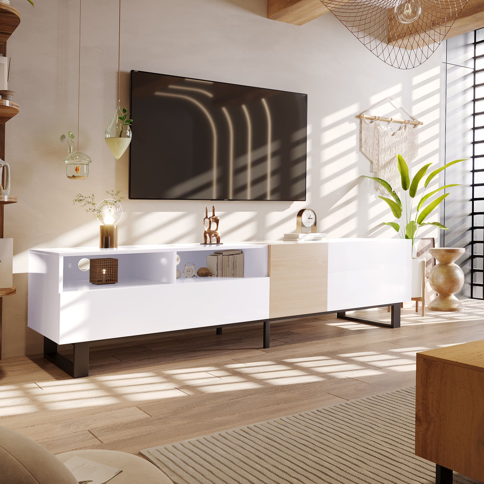 TV Stand For 80'' TV With Double Storage Space, Media Console Table With Drop Down Door