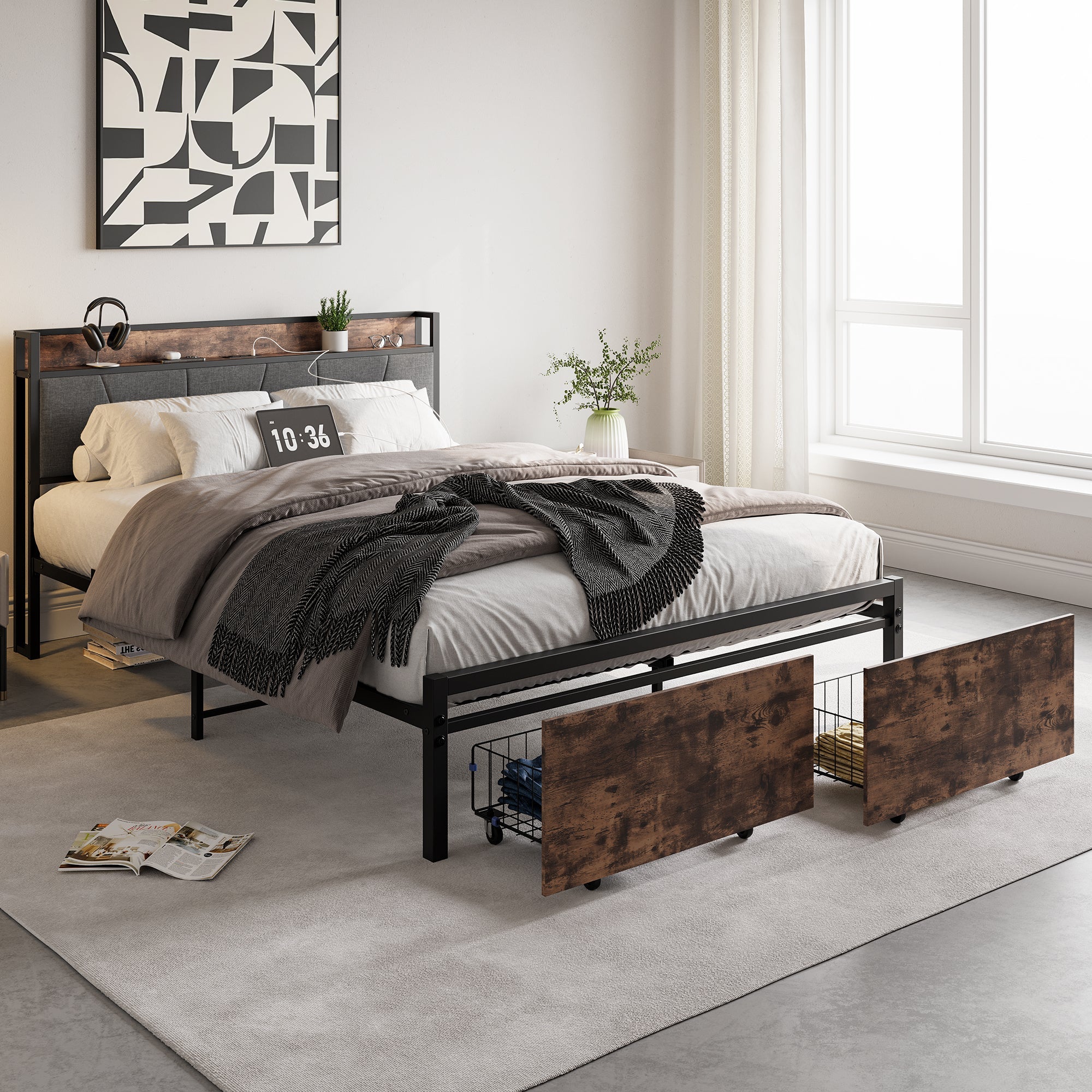 Upholstered Platform Bed with Storage and Charging Station in Vintage Brown and Gray