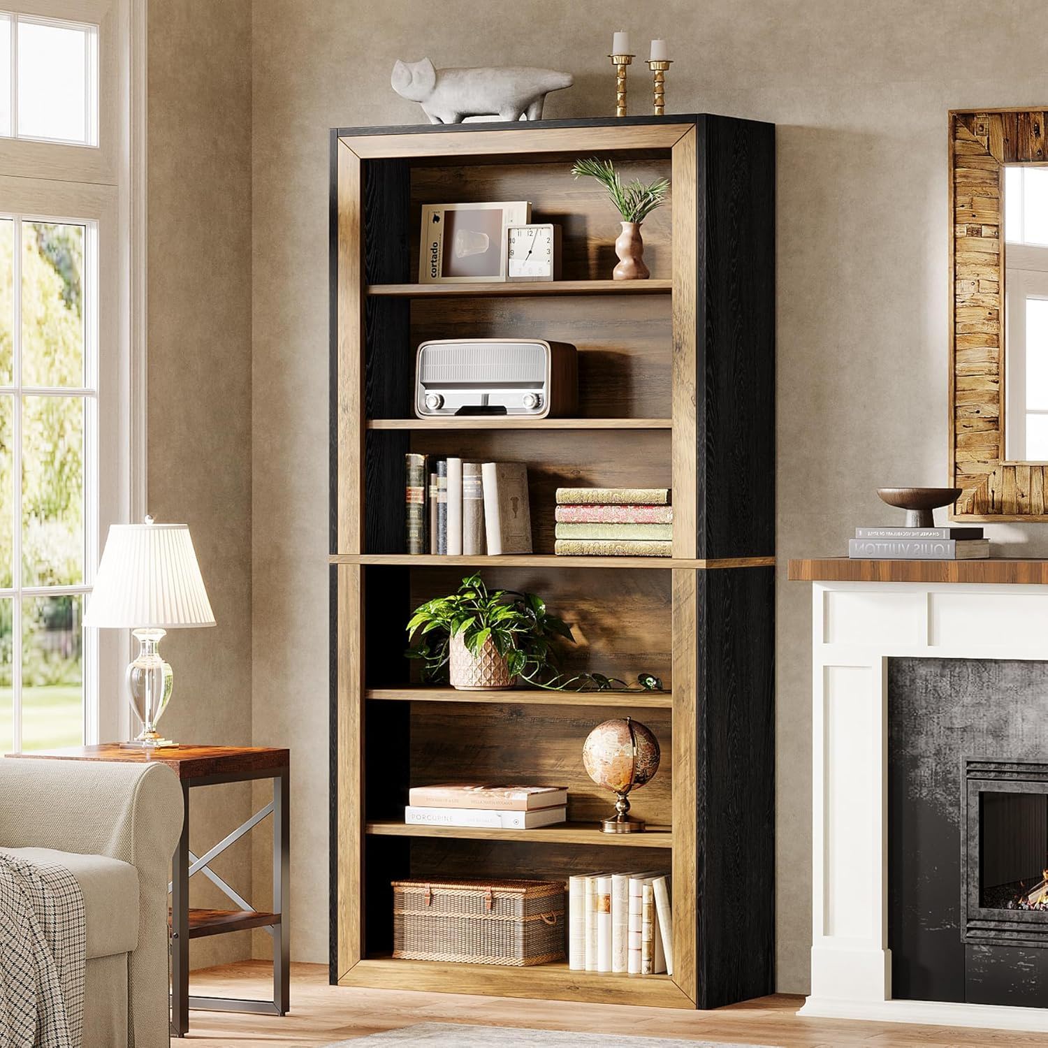 7 Tier Open Bookshelf Storage For Living Room - Black / Brown