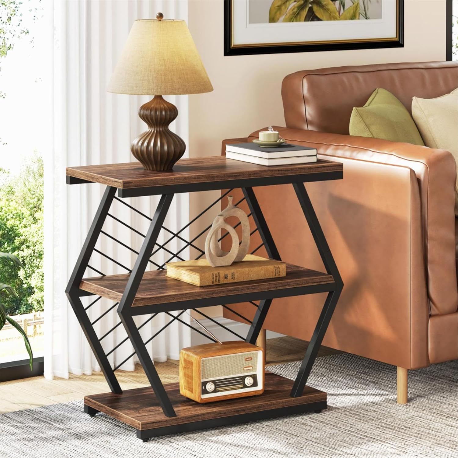 3 Tier End Table Frame With Geometric Design For Living Bedroom - Rustic Brown