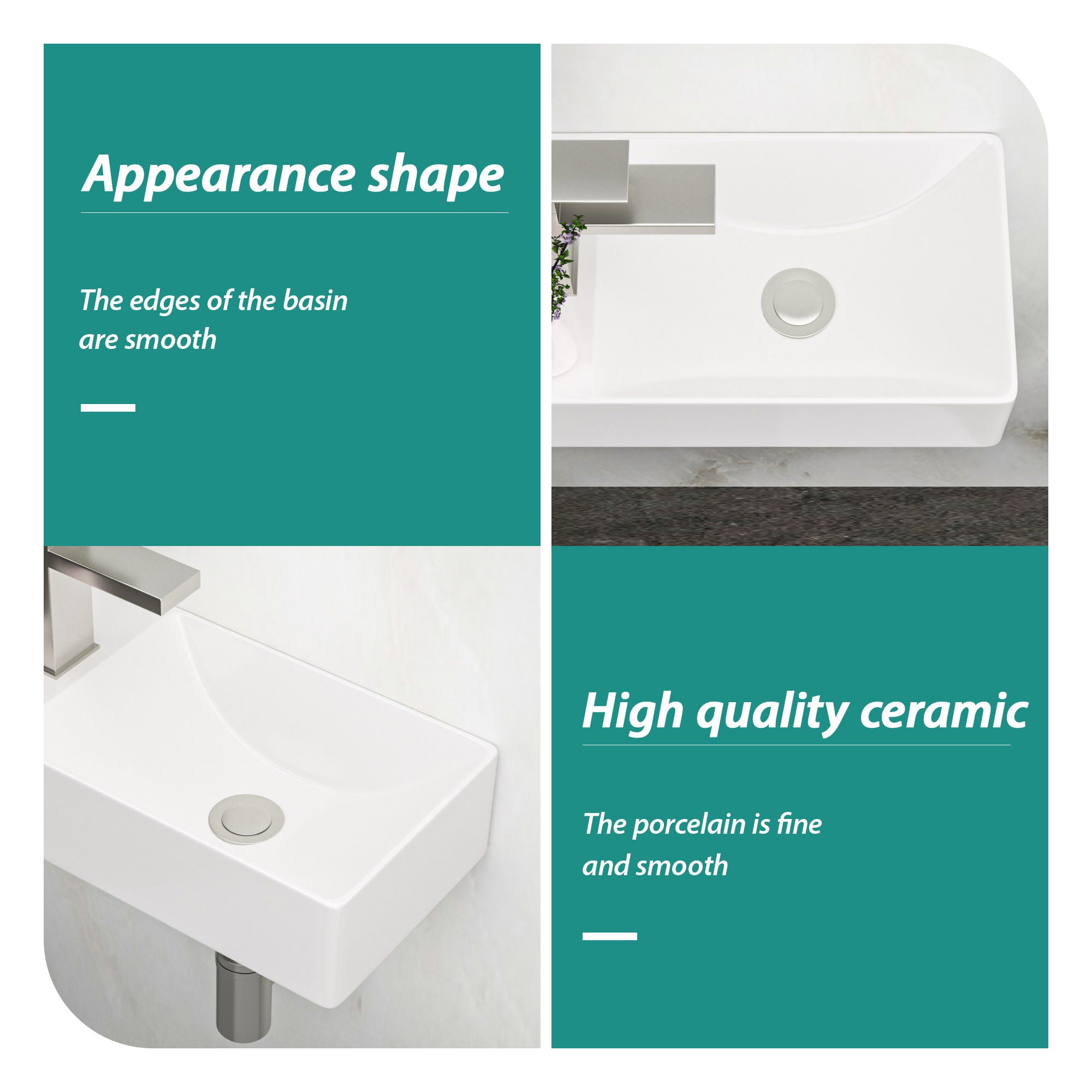Modern Ceramic Rectangle Wall Mount Bathroom Sink With Single Faucet Hole