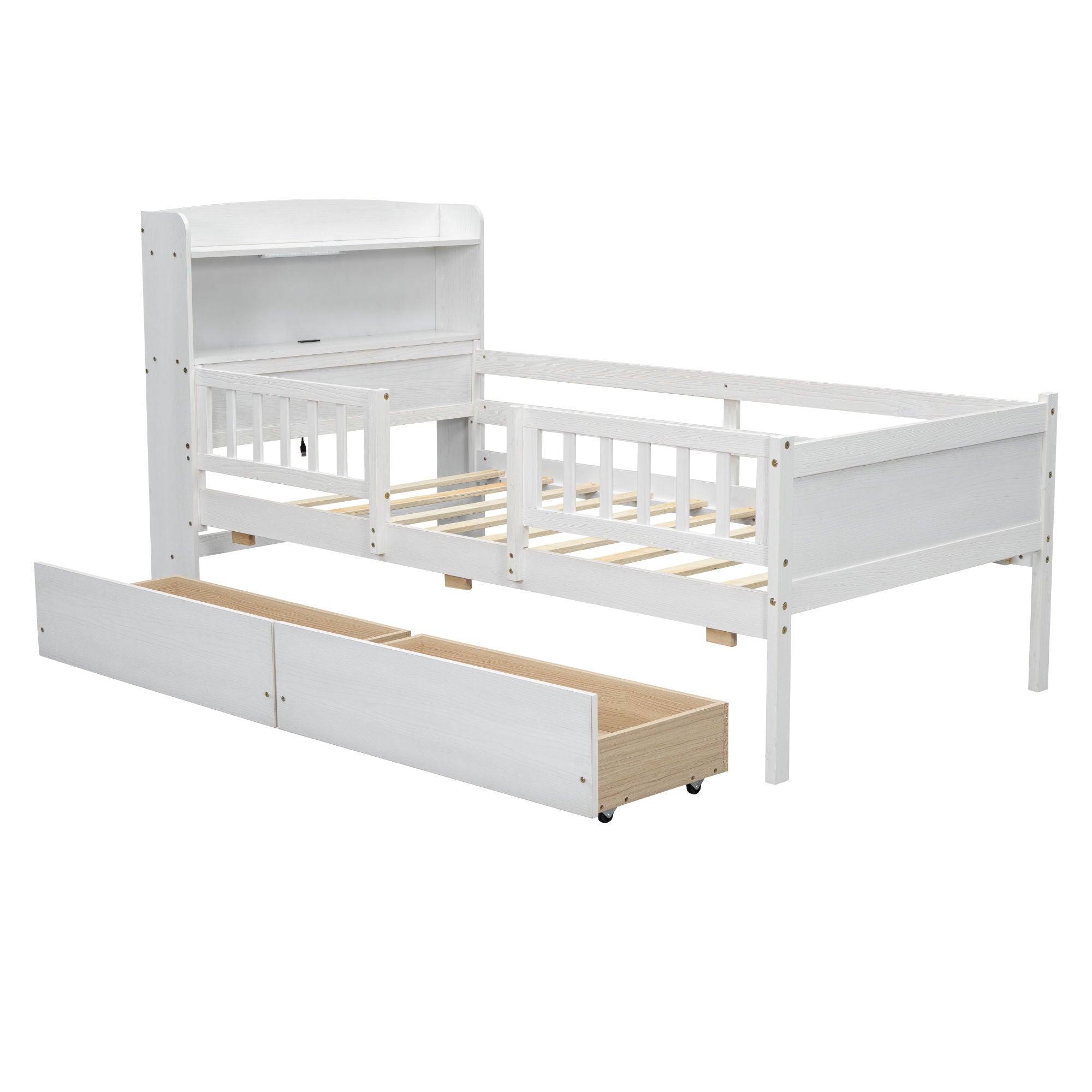 Platform Bed With LED Light, Multi Functional Headboard, Guardrail And 2 Drawers