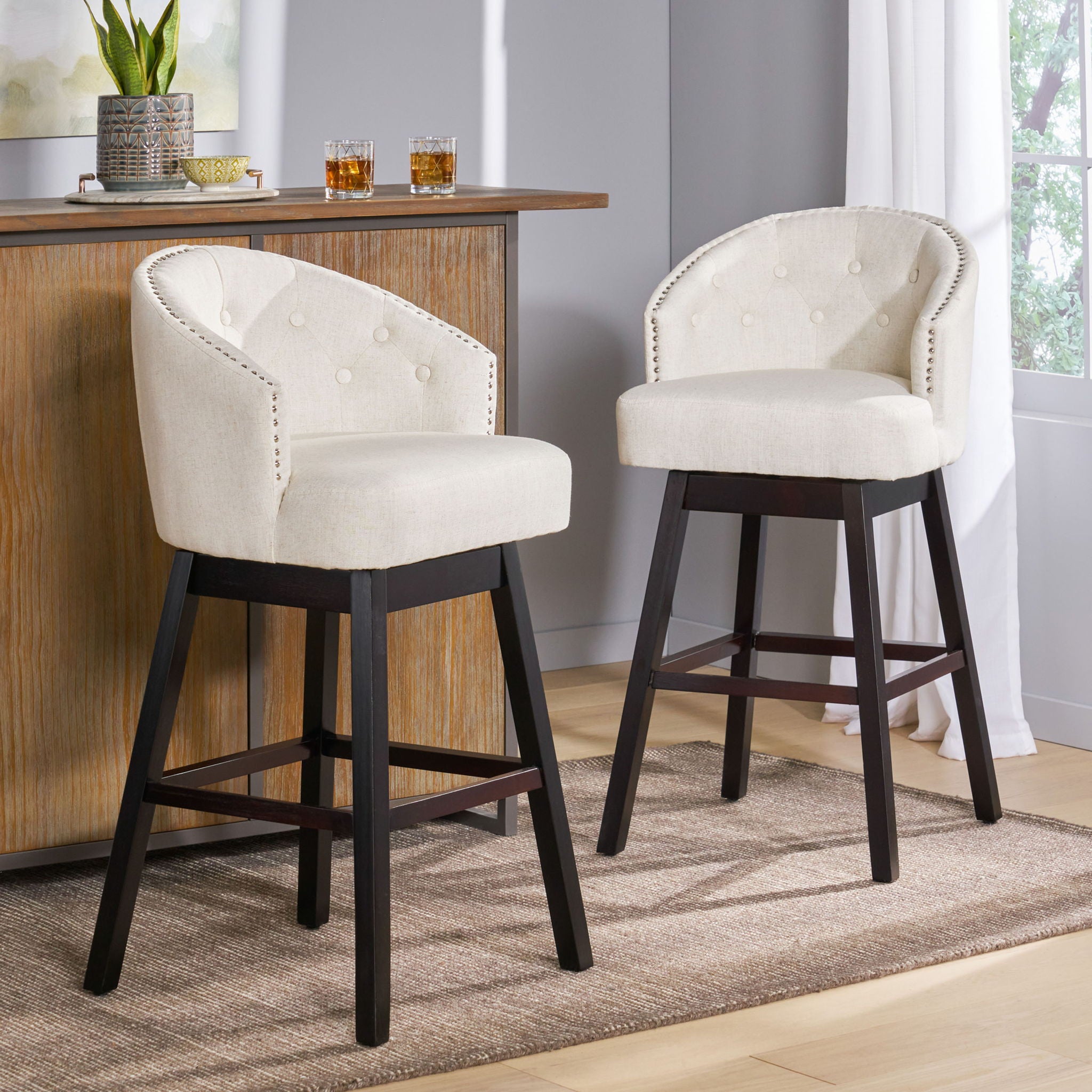 Mellifluous - 360 Degree Swivel Bar Stool With Stunning Nailhead Trim, (Set of 2)