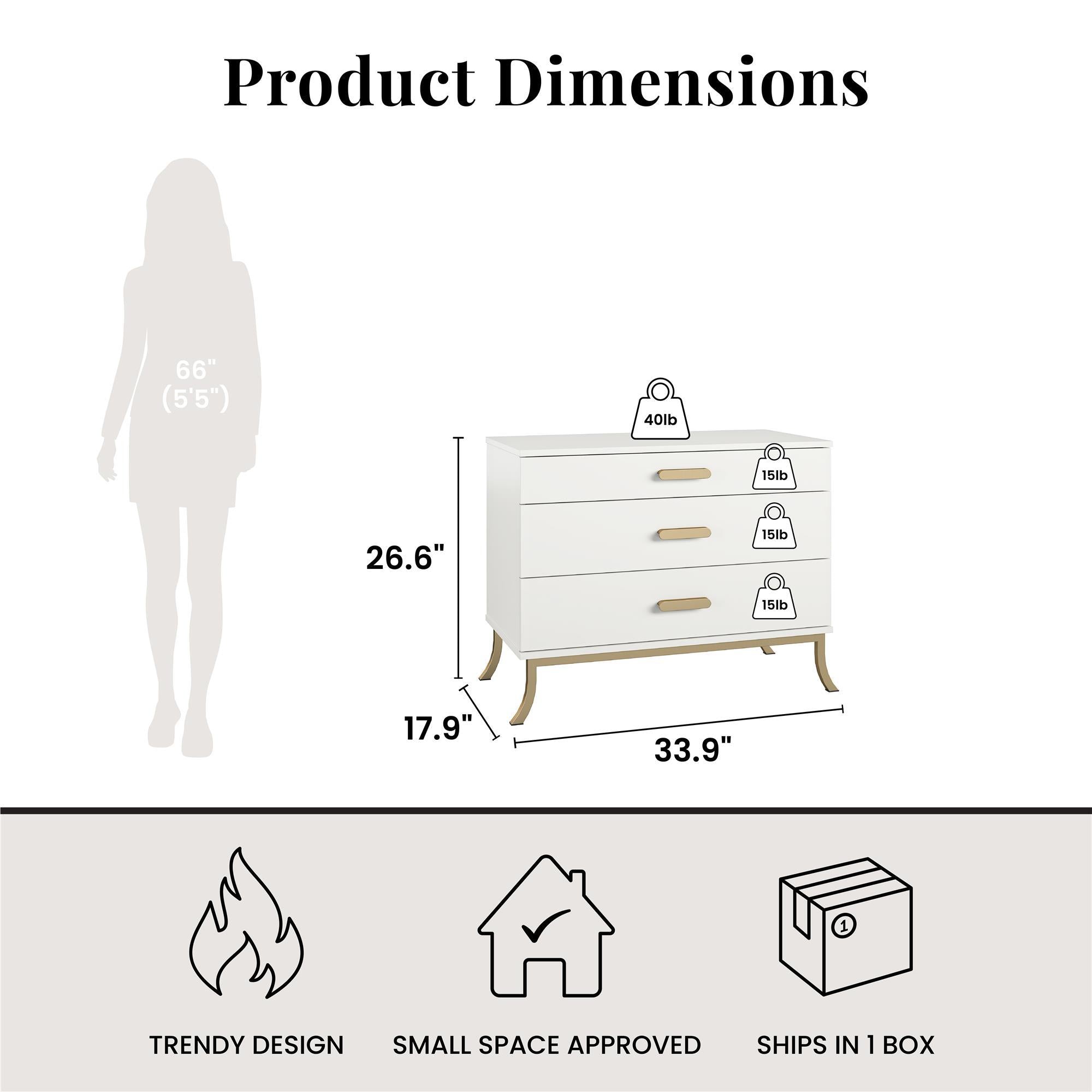 3 Drawer Dresser With Oval Handles - White / Gold