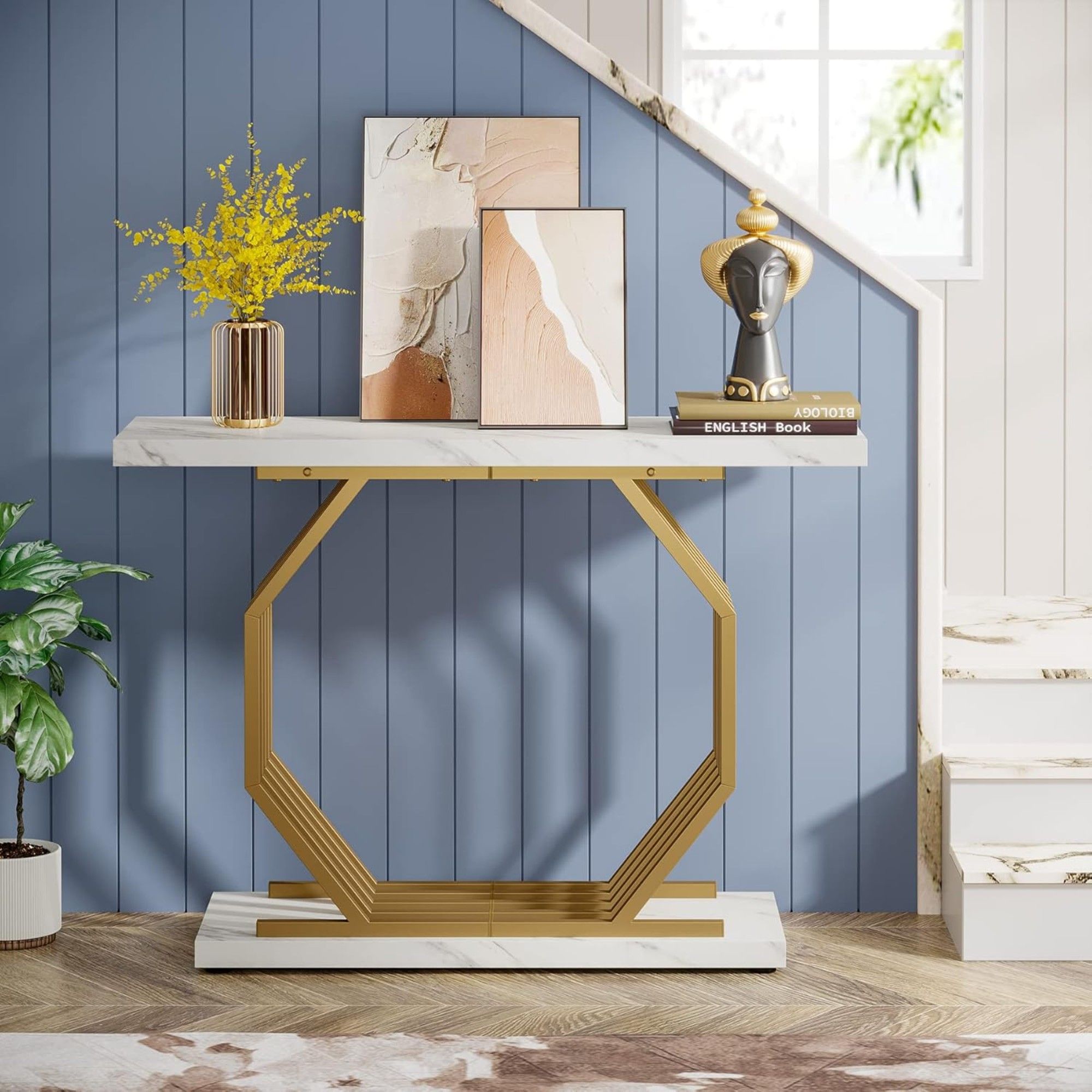 Accent Entryway Console Table With Geometric Bas For Living Hallway - White / Gold