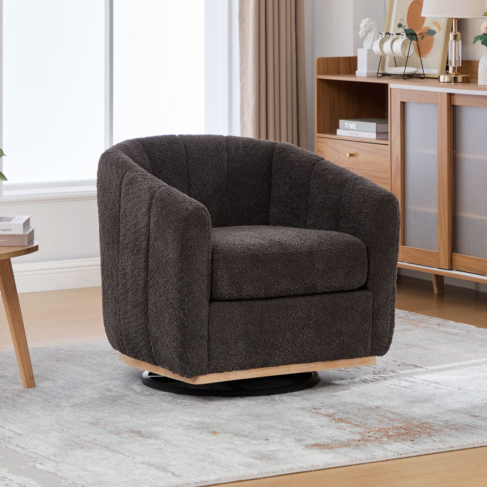 Swivel Upholstered Barrel Chair With Metal Base