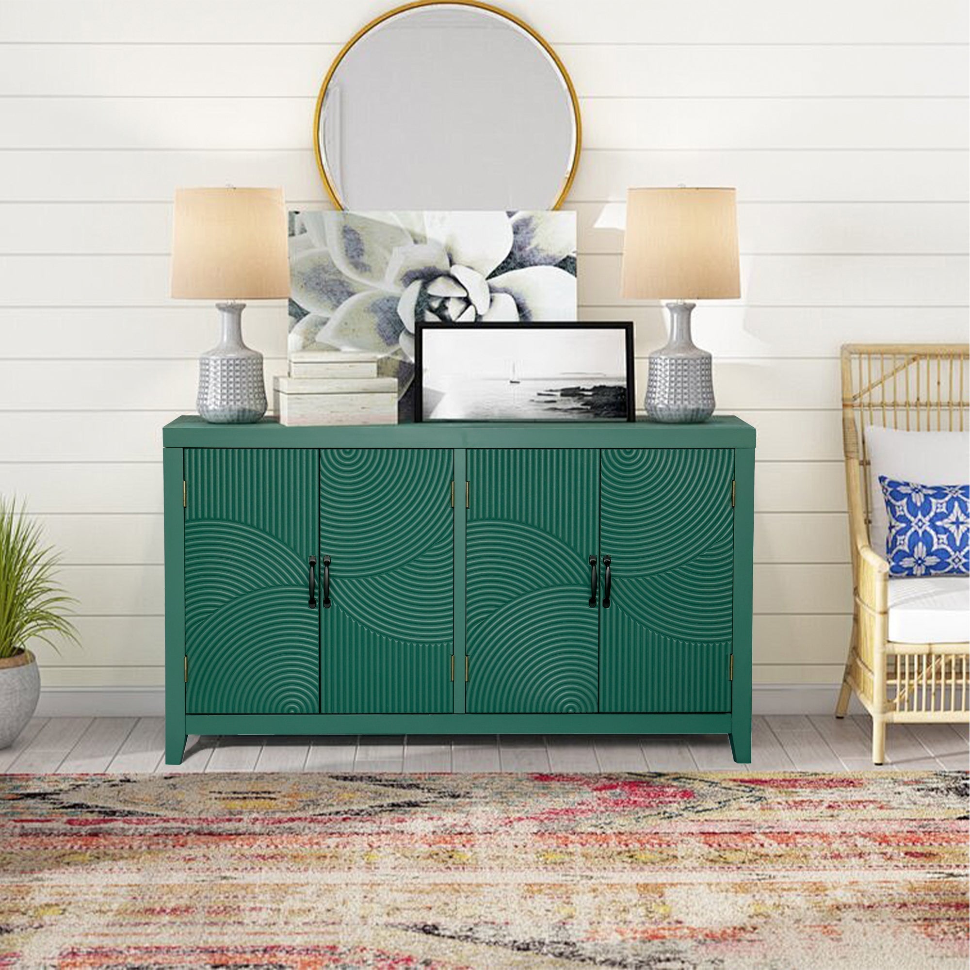 59in Green Accent Cabinet with 4 Doors Mid Century Modern Buffet