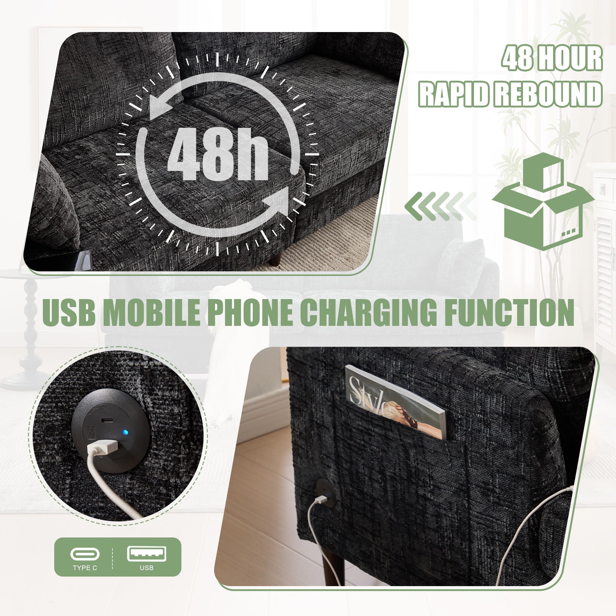 Chenille 2 Seater Sofa With LED Light, USB Charging Port, And Storage Bag