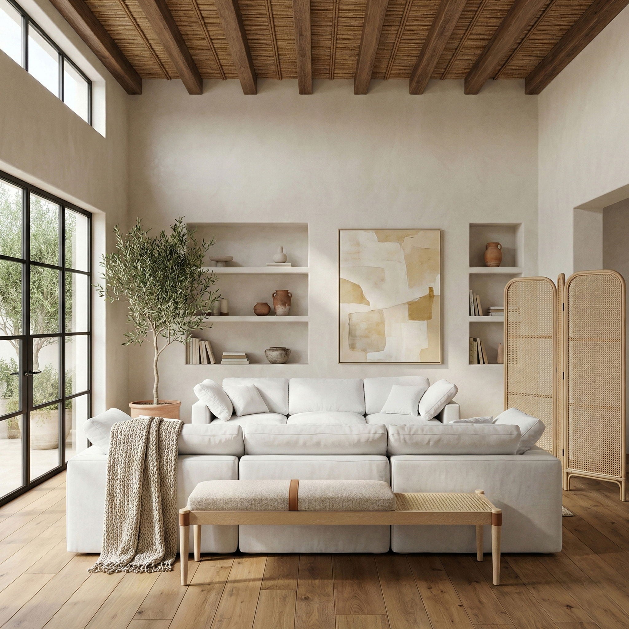 Nara - Linen Textured Fabric Upholstered Bench - Painted Natural