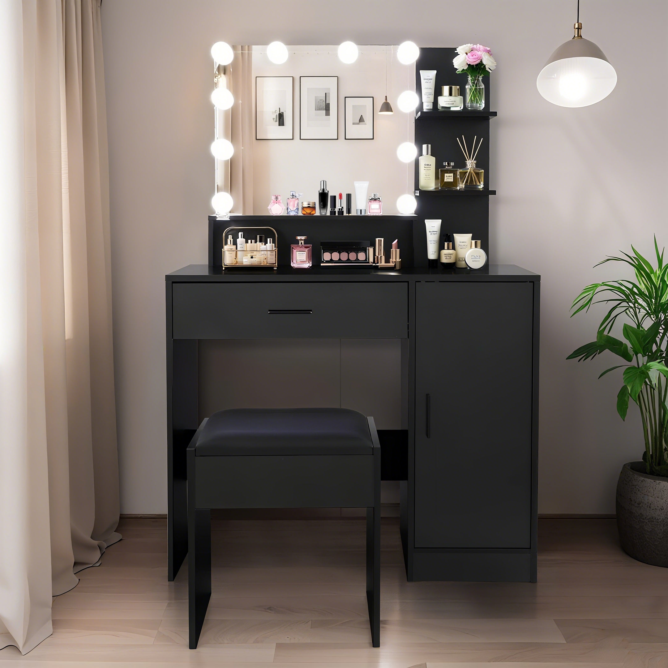 Black Makeup Vanity Desk with LED Mirror, Adjustable Dimming - Best Buy Furniture