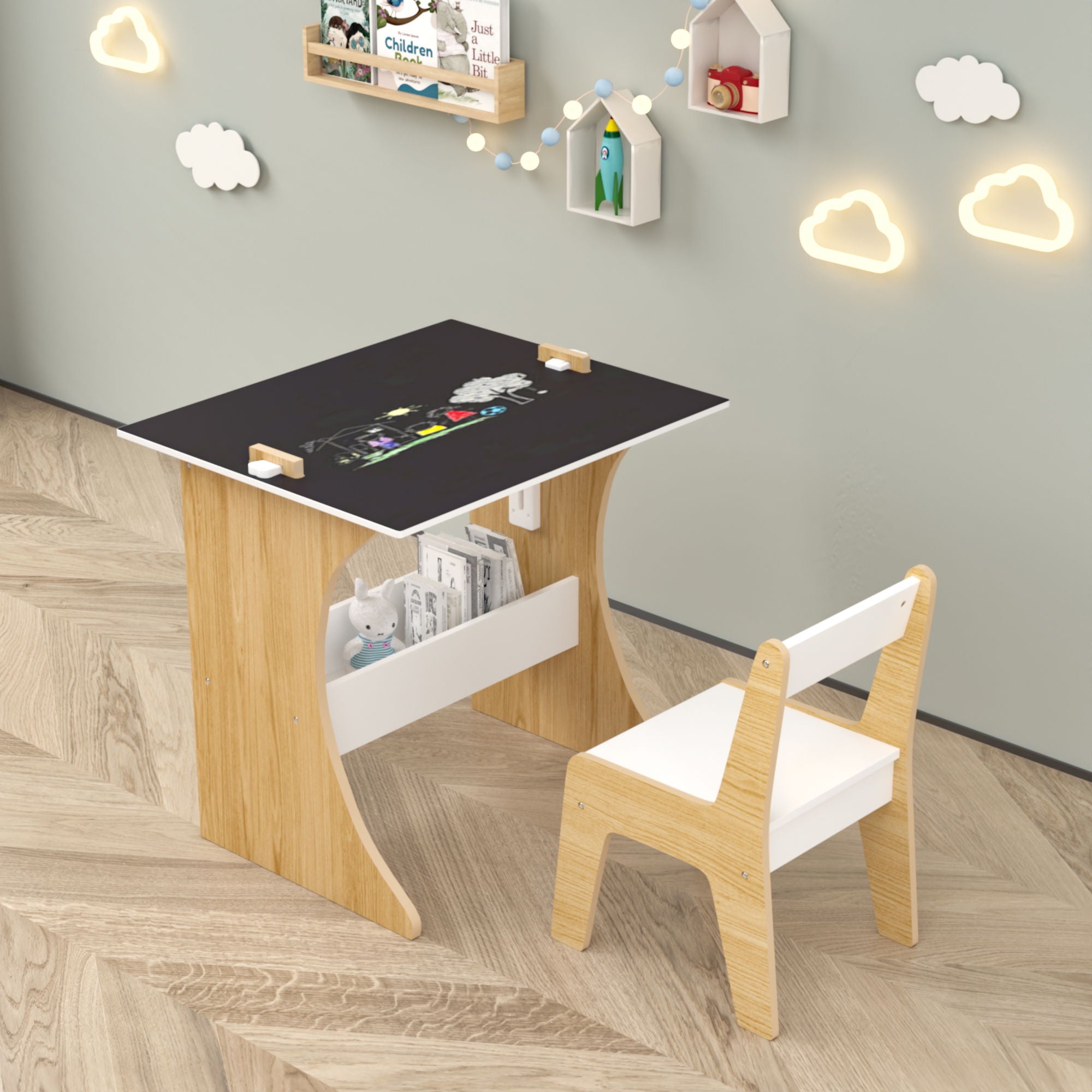 Table Set With 1 Chair, Multifunctional Study Table Convertible Top For Study Drawing & Play - White