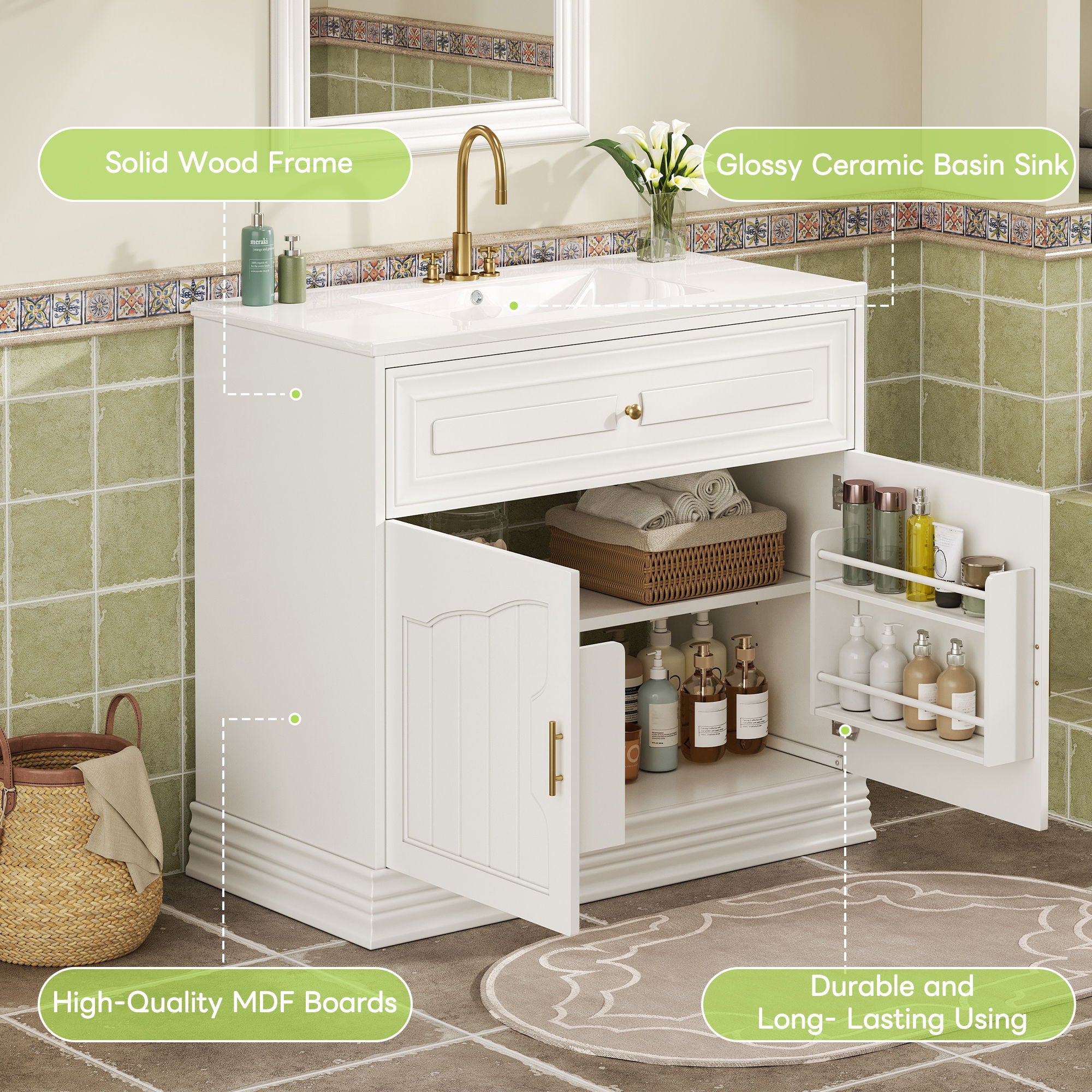 Bathroom Vanity With Sink, Cabinet With 2 Soft Closing Doors