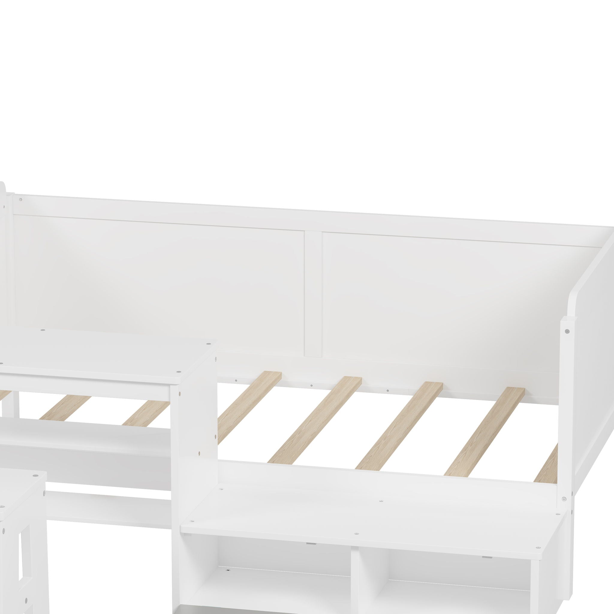 Daybed With Storage Shelves And Lockers, Multi Functional Bed With Study Desk And Matching Stool