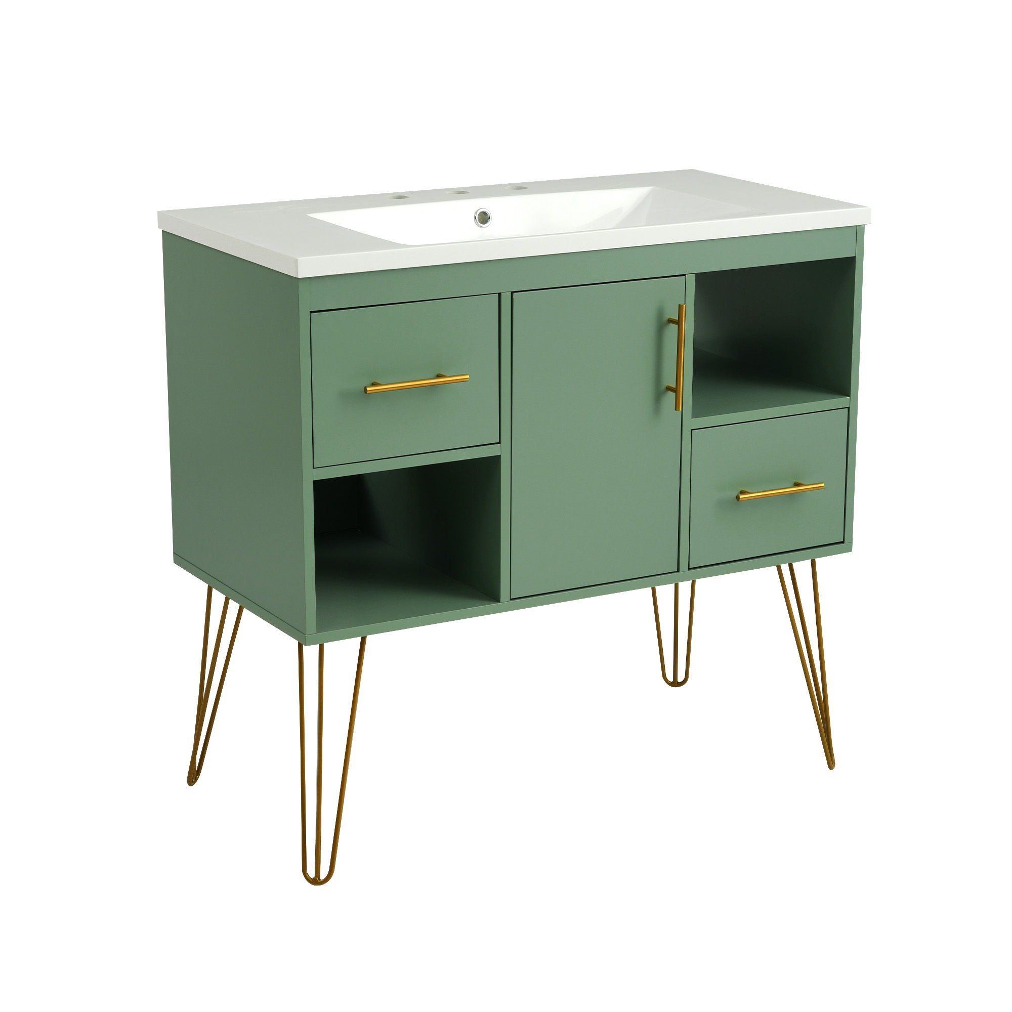 Bathroom Vanity With Resin Sink Combo Set, Modern Freestanding Single Bathroom Cabinet With 2 Drawers & 2 Storage Compartments, Storage Cabinet For Bathroom, Frame Vanity Set - Green