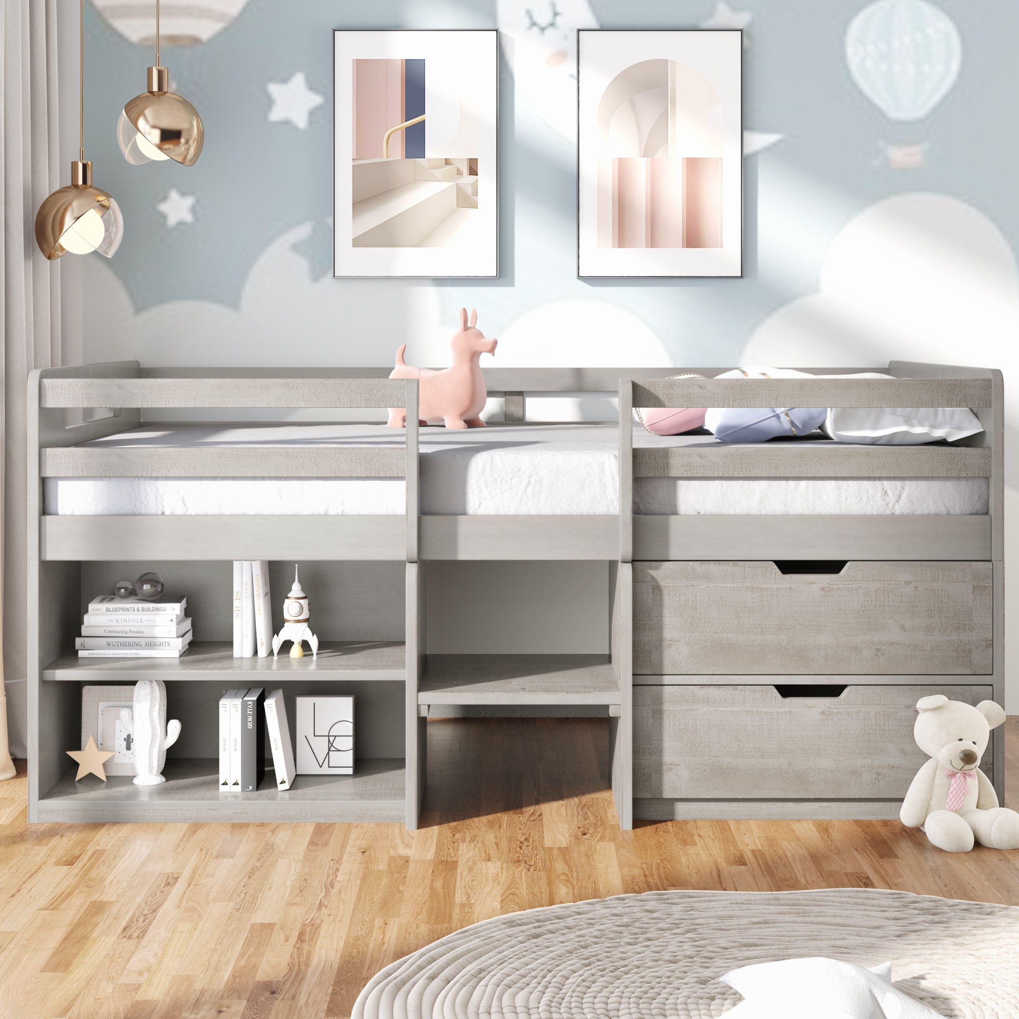 Loft Bed With Two Shelves And Two Drawers