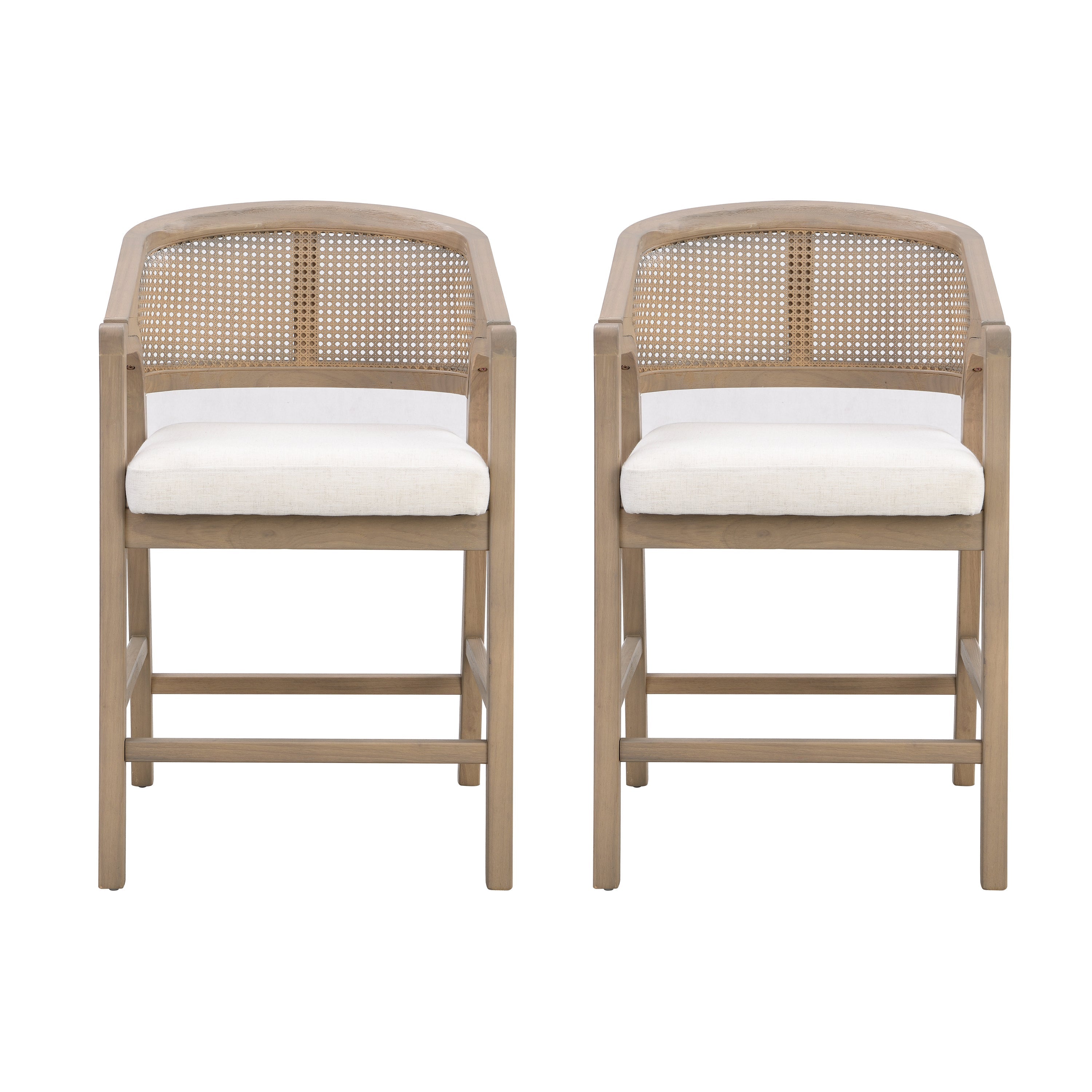 Wooden Frame Counter Stool with Rattan Back - Set of 2