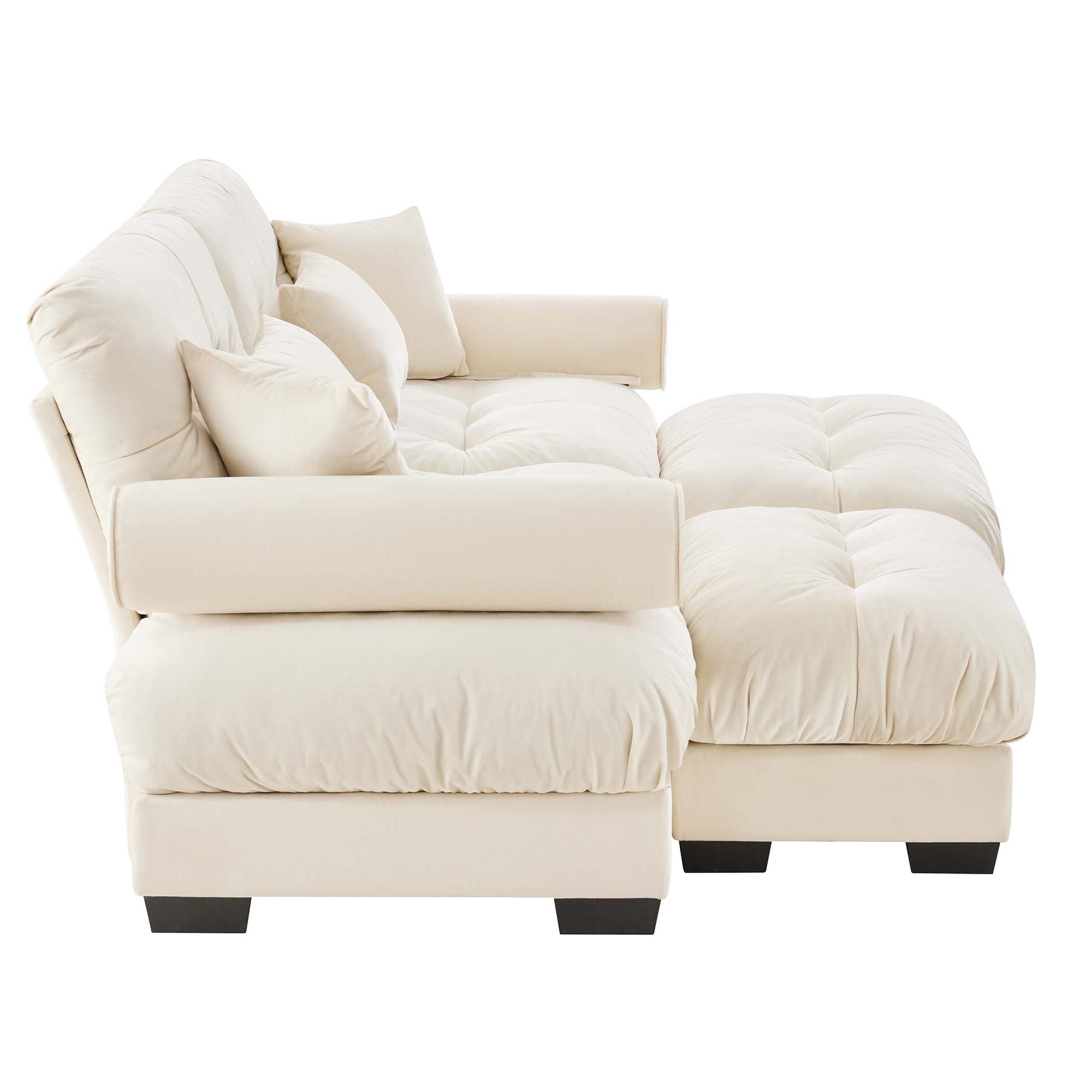 Modern Sectional Sofa With Ottoman, Round Bolster Armrests, Waist And Throw Pillows