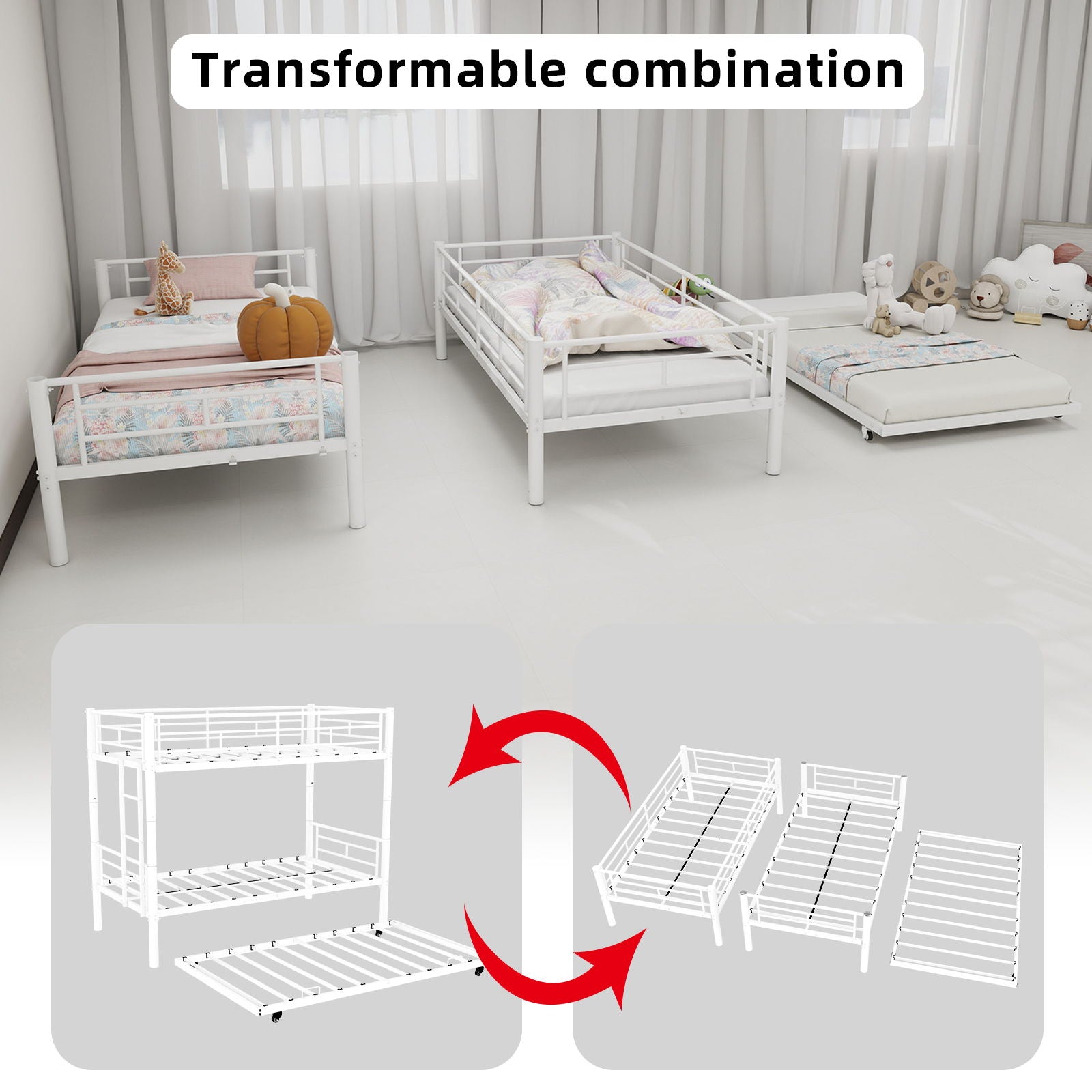 Bunk Bed For Kids, Convertible Frame With Ladders & Guardrail