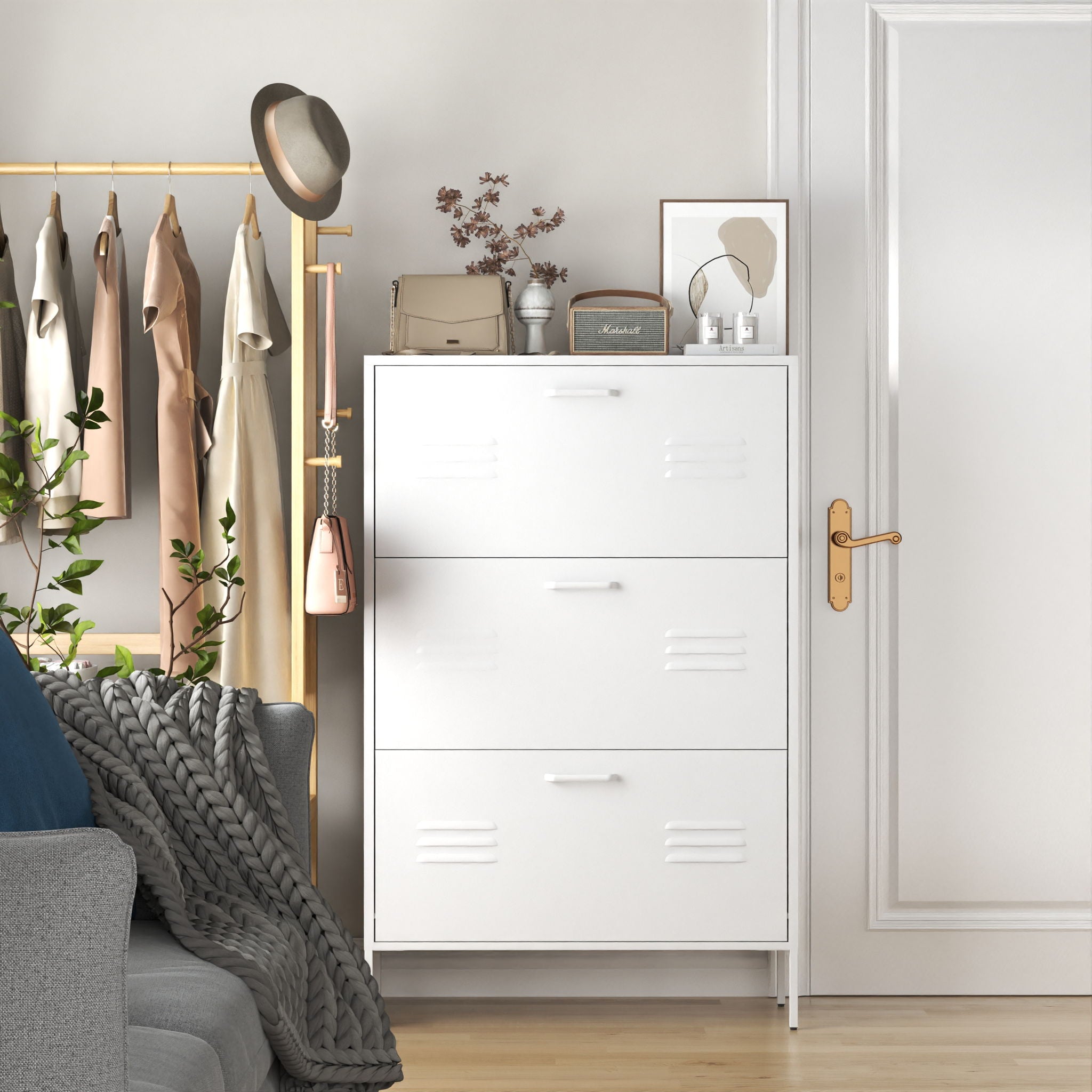 Modern Shoe Storage Cabinet With 3 Flip Drawers And Metal Frame For Entryway - Brushed Nickel