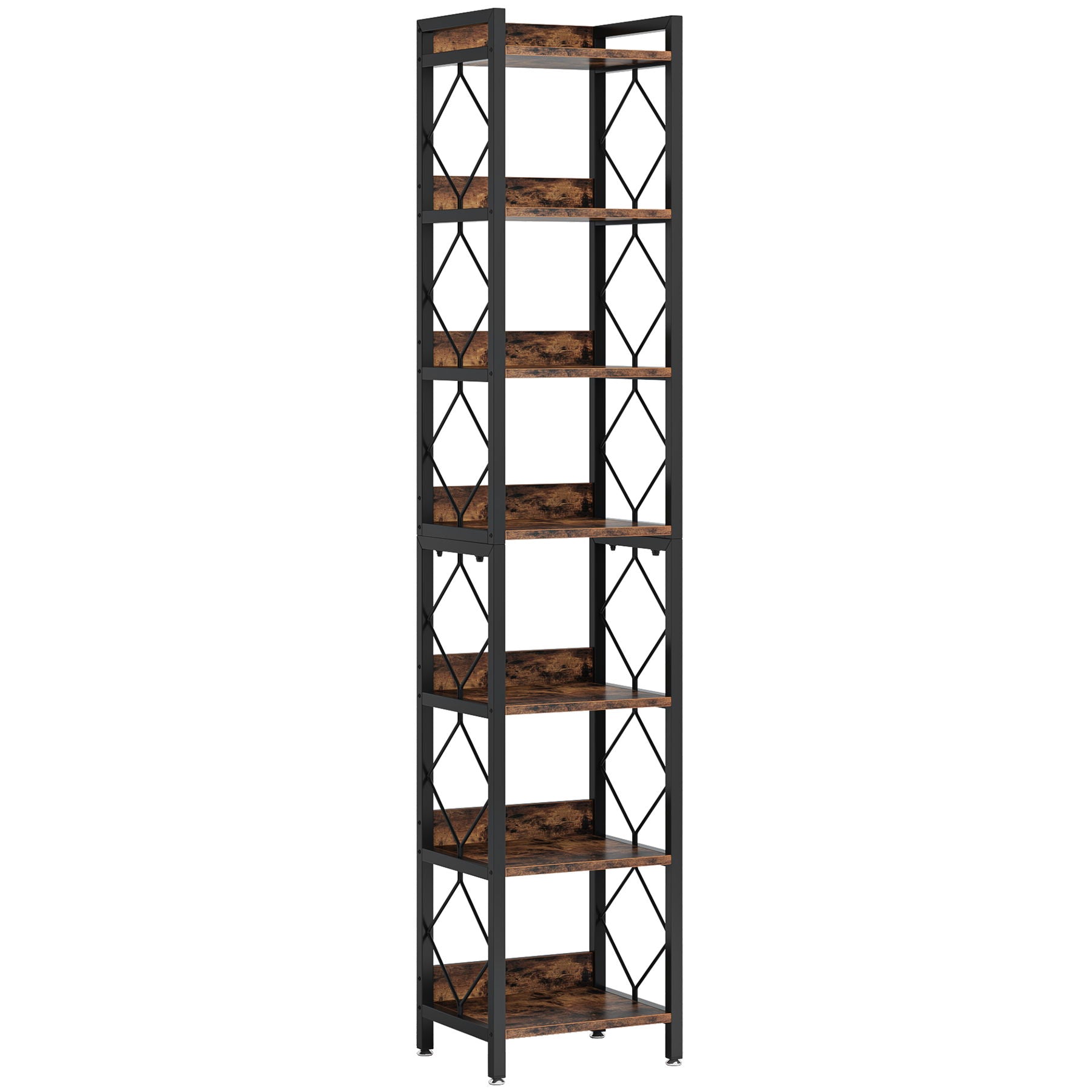 Extra Tall 7 Tier Narrow Corner Bookshelf Storage Display Rack For Living Room - Rustic Brown