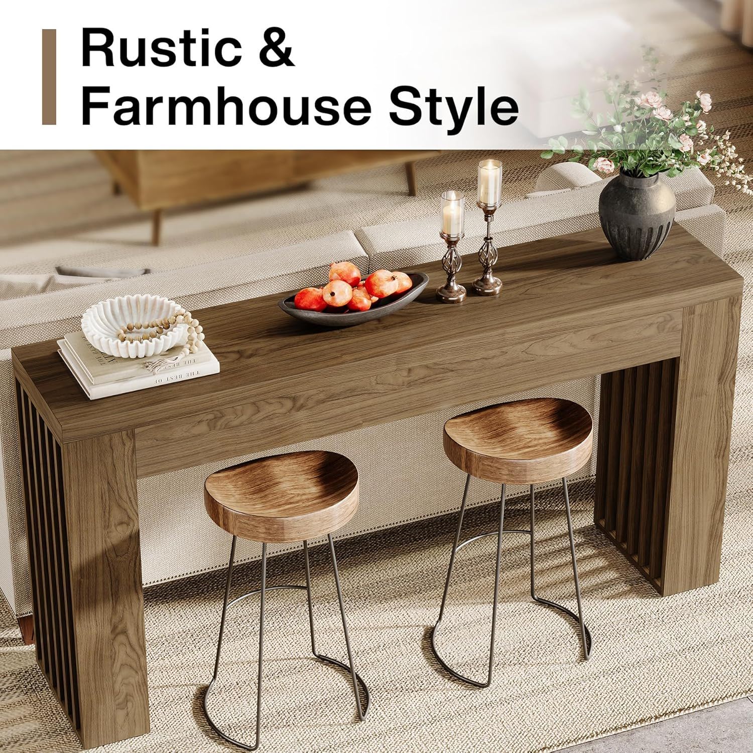 Console Table With Vertical Slat Legs For Entryway - Rustic Brown
