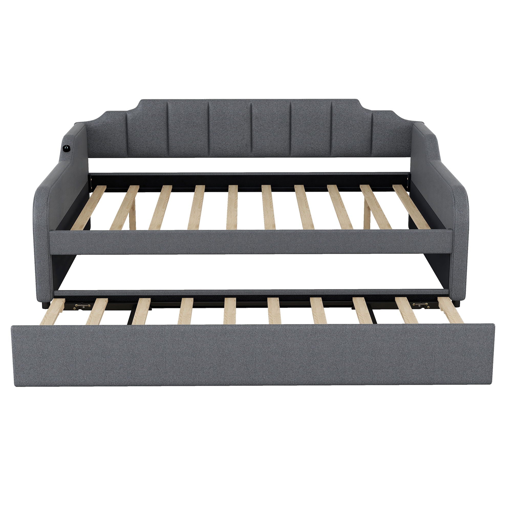 Full Size Upholstered Daybed With Trundle And USB Charging - Gray
