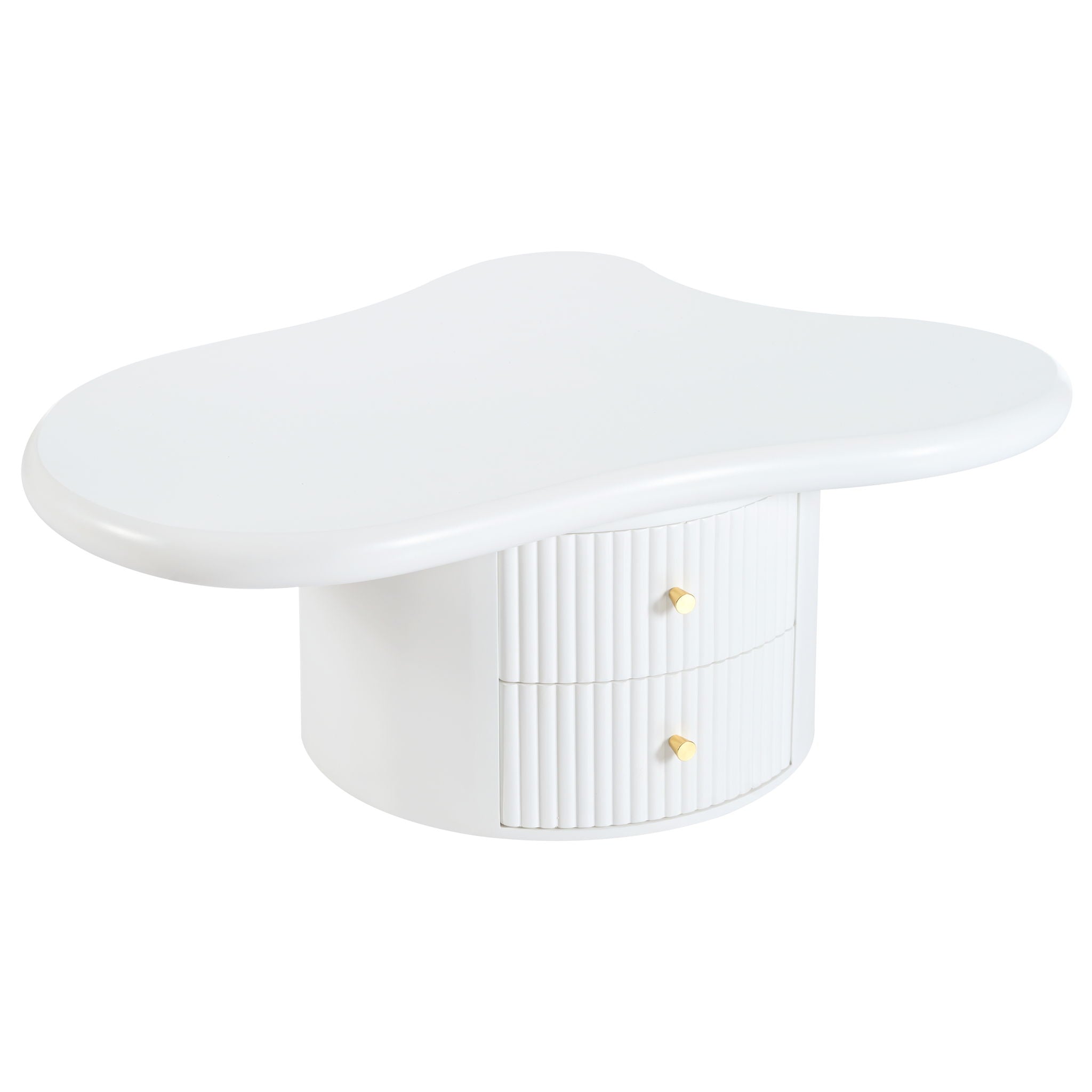 Cloud - Coffee Table (Set of 3), Irregular Shape Coffee Table With 2 Drawers, 2 Small Stools For Living Room - White