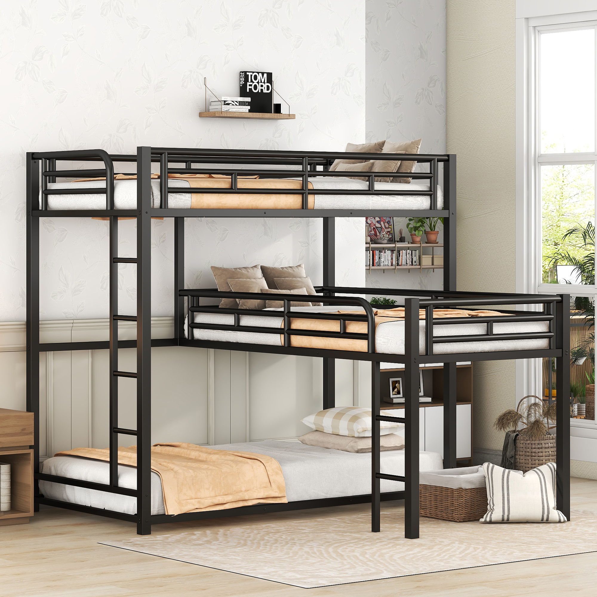 L-Shaped Triple Twin Size Bunk Bed, Industrial Design With Integrated Ladder And Full Length Guardrails - Black