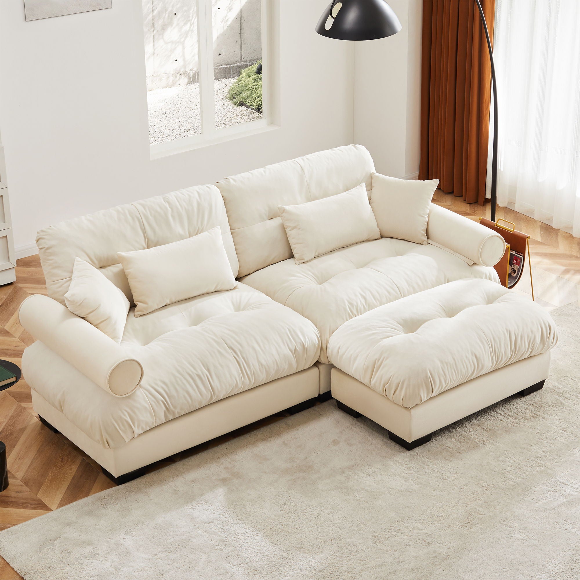 Modern Sectional Sofa With Ottoman, Round Bolster Armrests, Waist And Throw Pillows