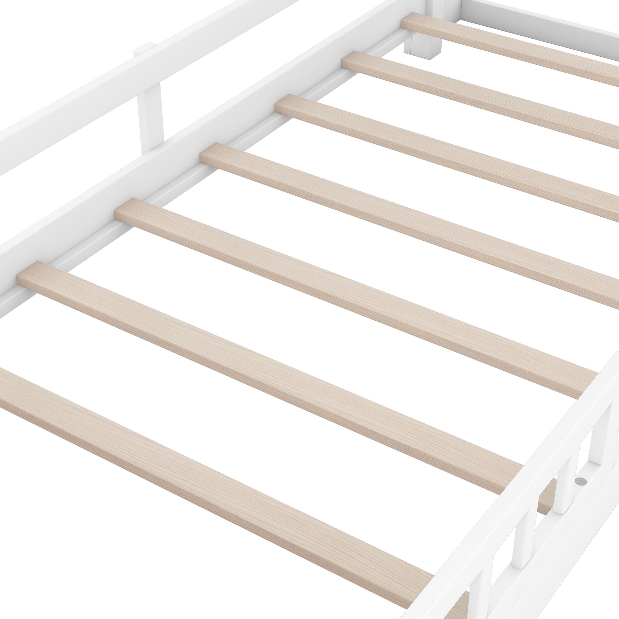 Wood Platform Bed With Built In LED Light, Storage Headboard And Guardrail