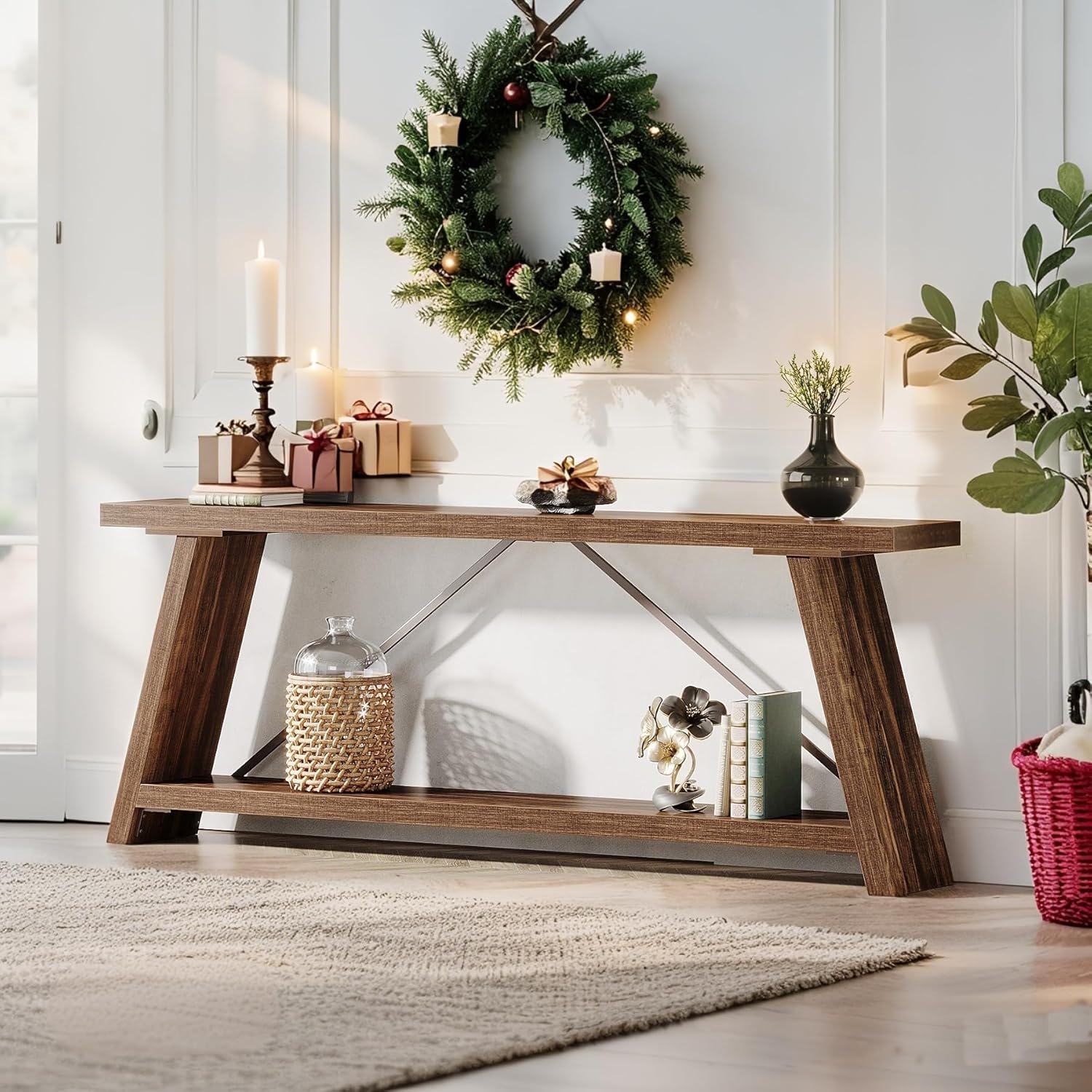 Extra Long Sofa Table With Storage For Living Entryway - Dark Walnut