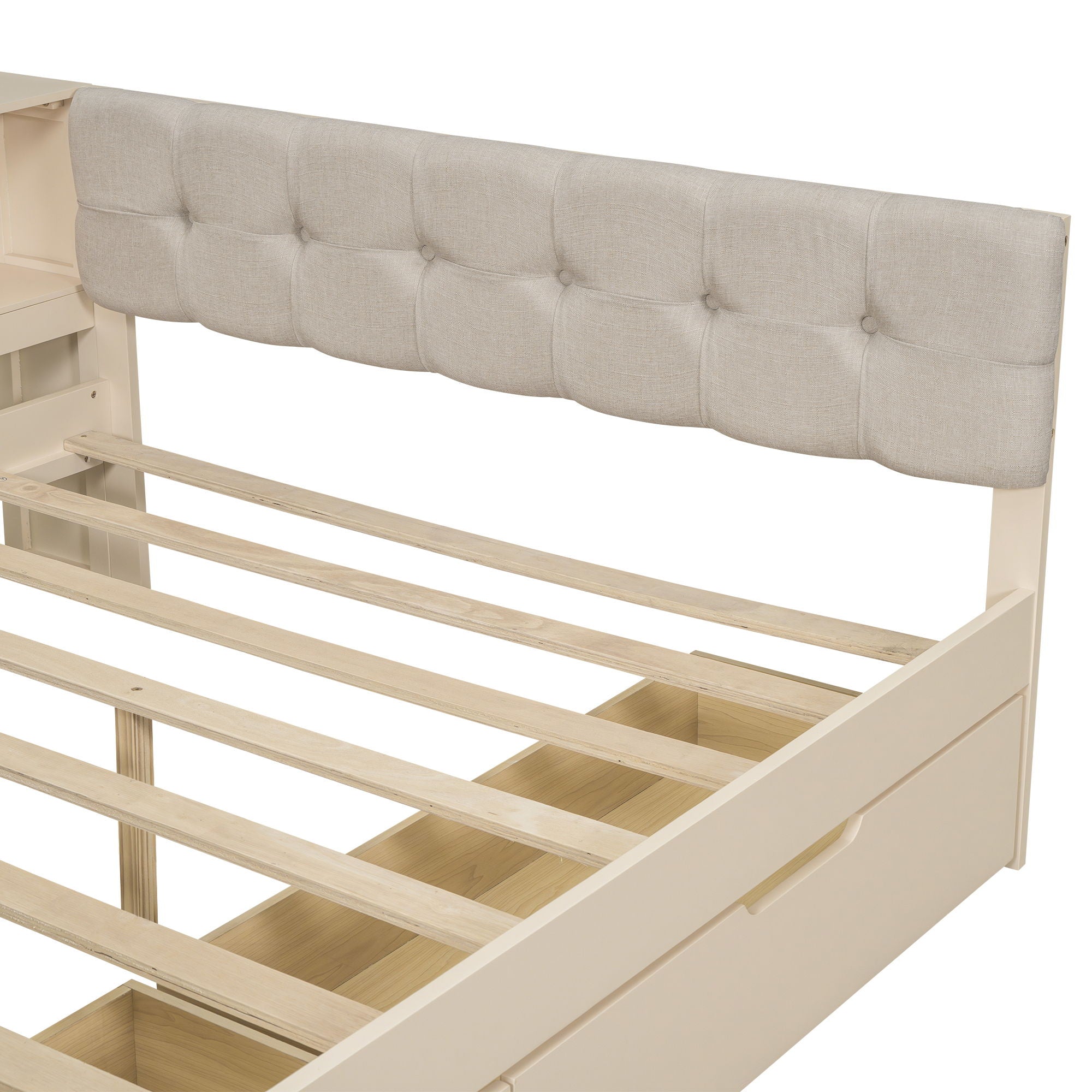 Upholstered Headboard Platform Bed With Storage Shelves, Drawers, Charging Station