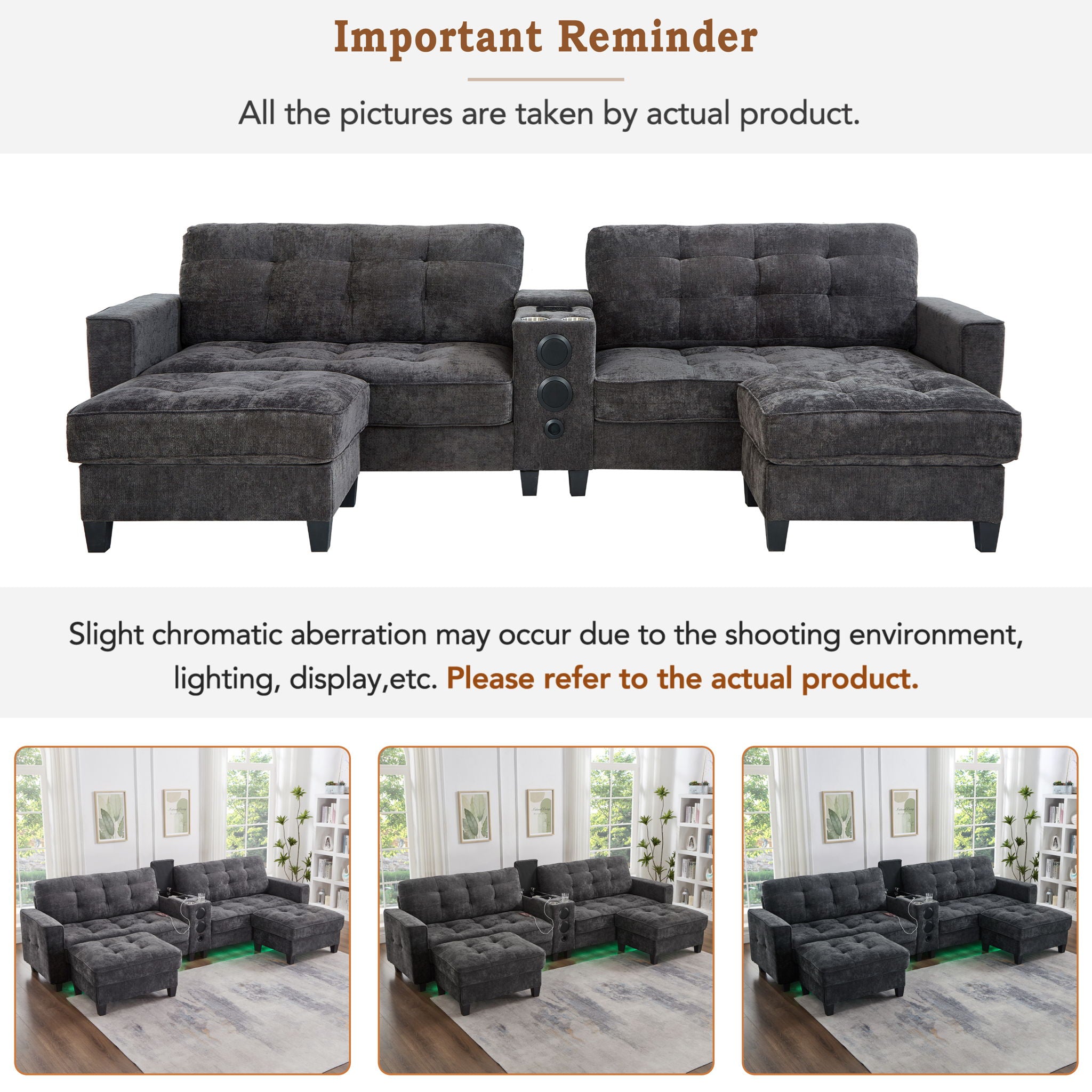 Modern Sectional Sofa U-Shaped With Movable Ottomans, Bluetooth Speakers, LED Lights And Modular Storage