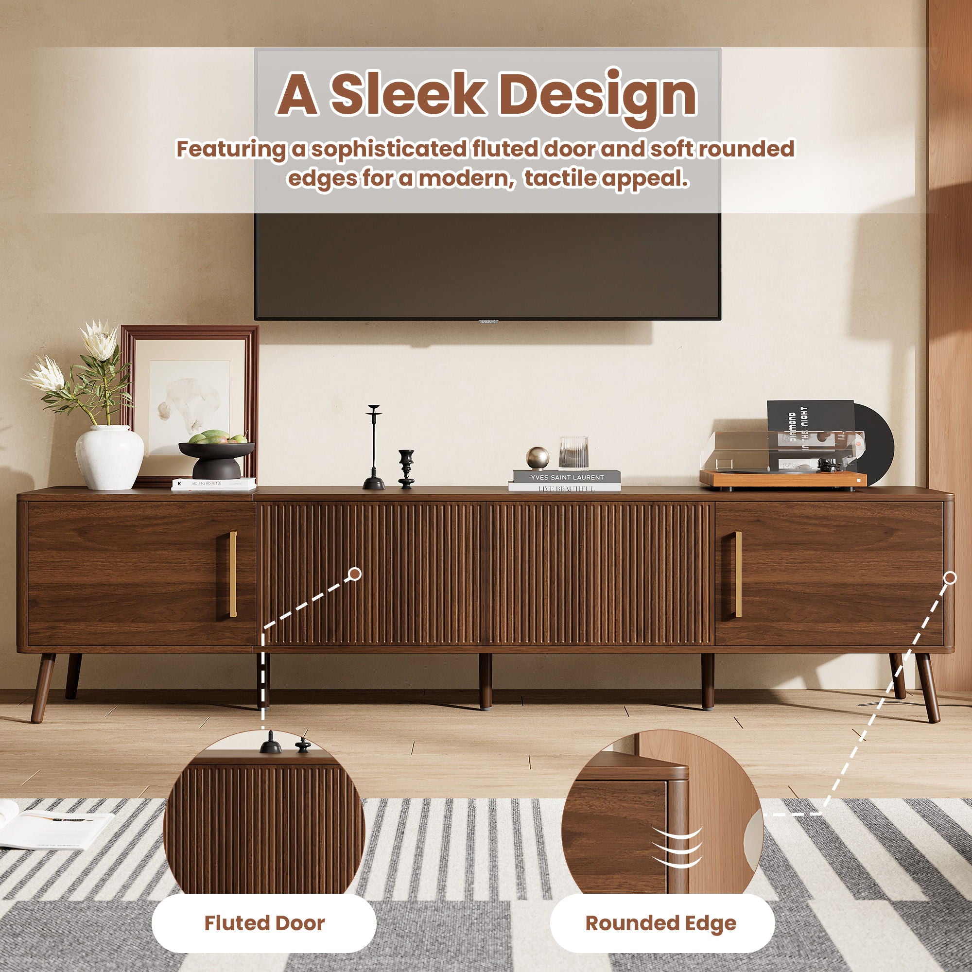 TV Stand For TVs Up To 85" With Fluted Door, Cable Management, Soft-Closing Hinges - Walnut