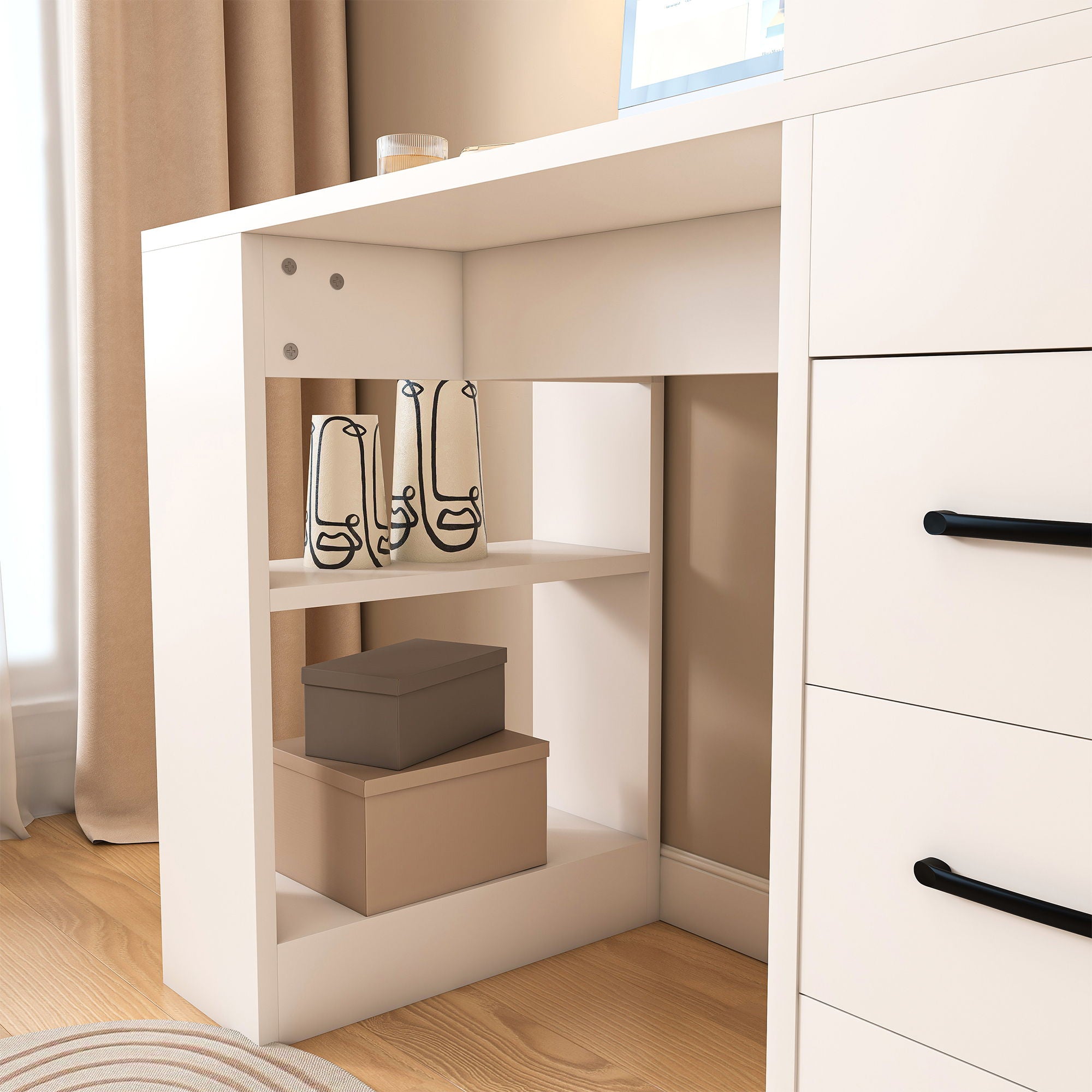 Modern Computer Desk With Built In Socket 3 Slide Drawers 4 Storage Levels - White