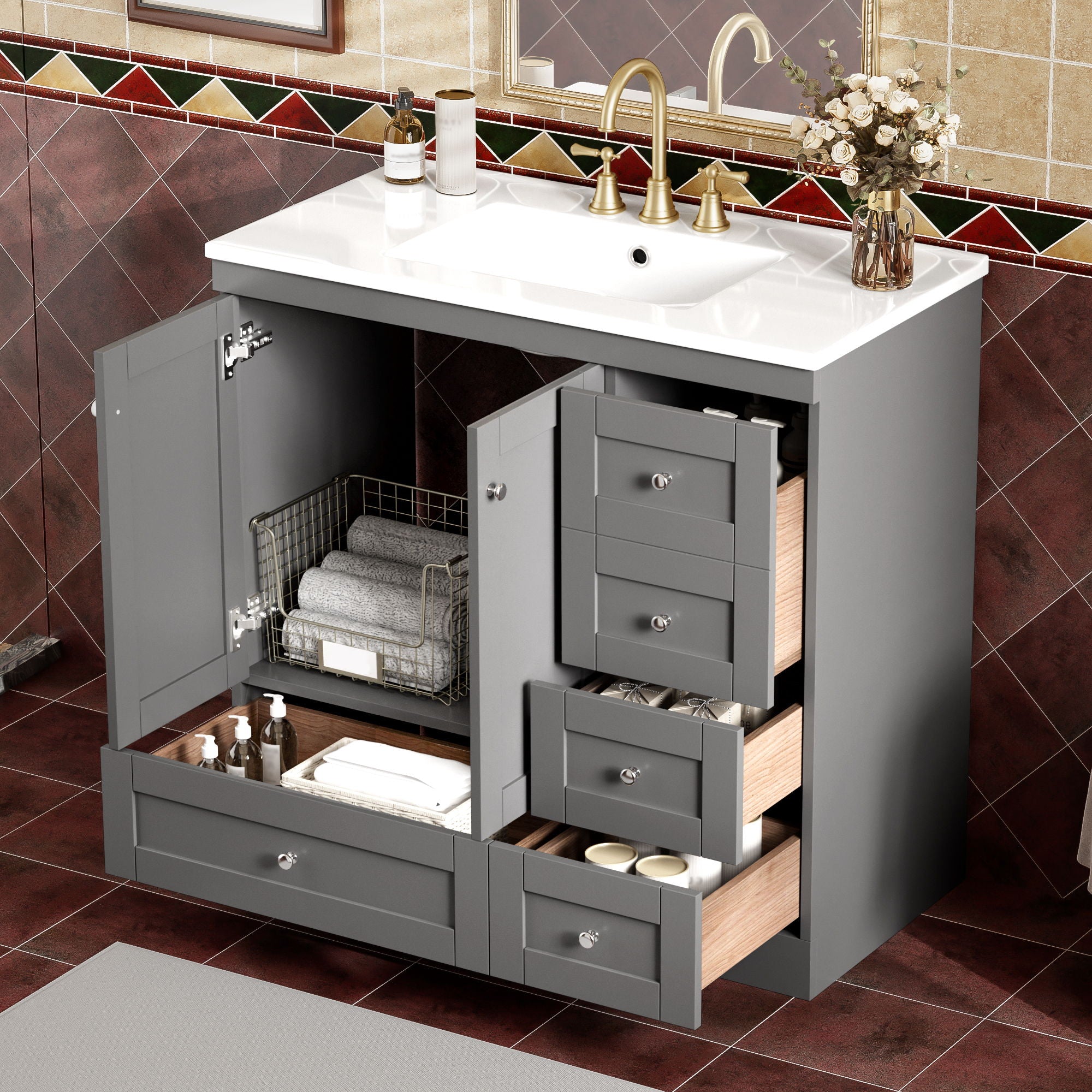 36" Shaker Free Standing Bathroom Vanity Cabinet With Sink, Soft Close Drawers, Soft Close Doors - Gray