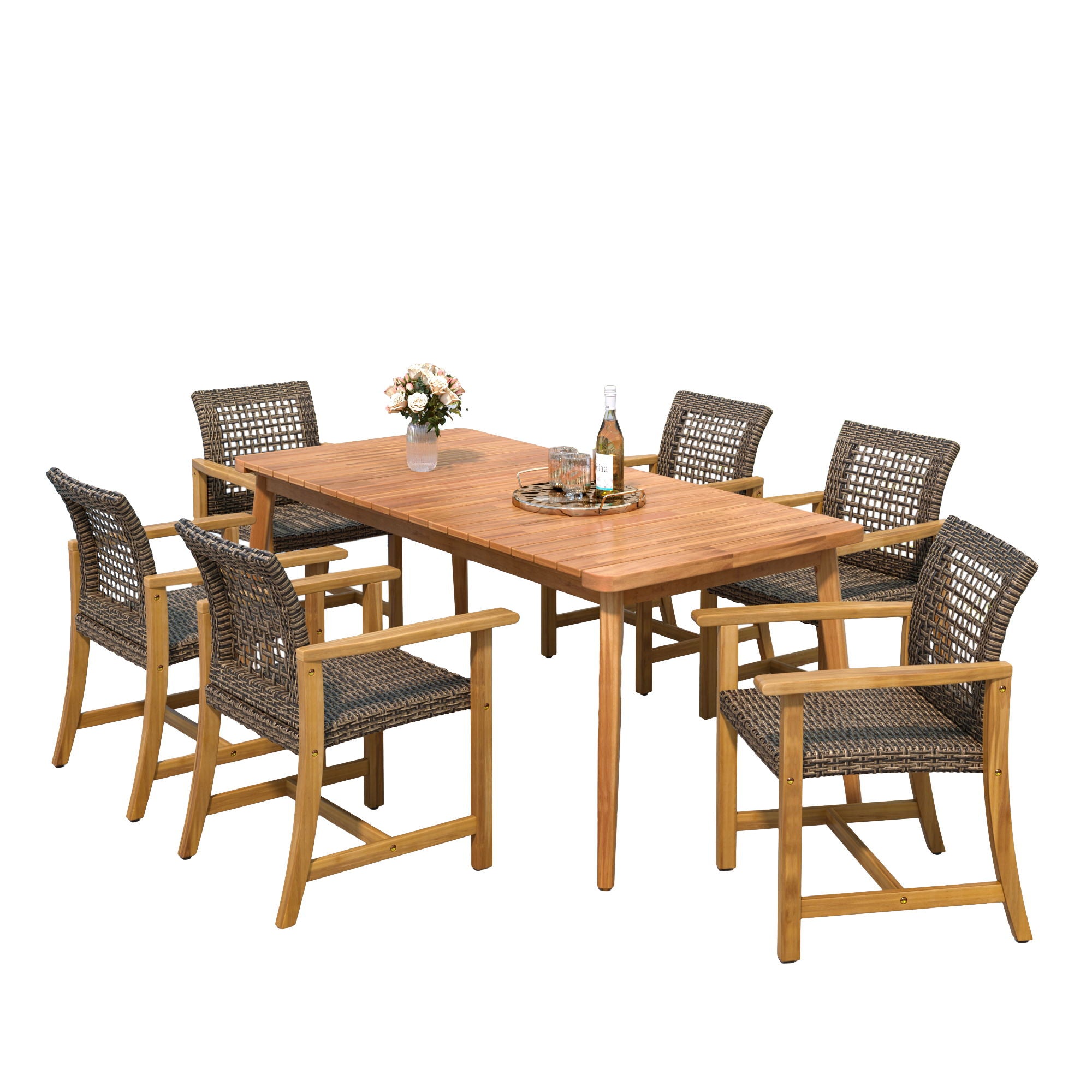 7 Piece Patio Dining Set, Slatted Table & 6 Chairs For Patio Garden - Mocha / Teak