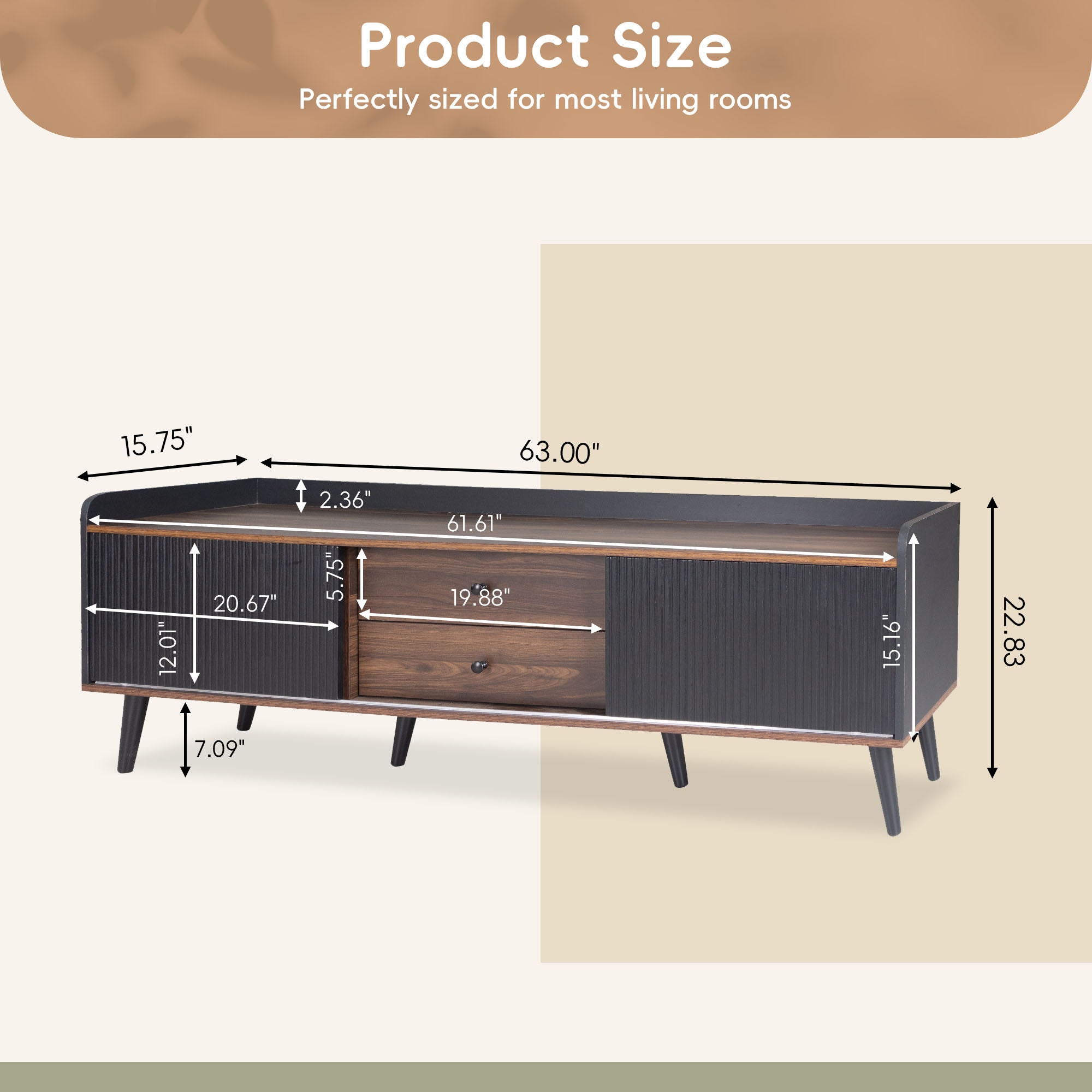 Mid Century TV Stand With 2 Cabinets & Open Compartments, Entertainment Center For Tvs Up To 70'', Television Console For Living Room - Dark Coffee / Black