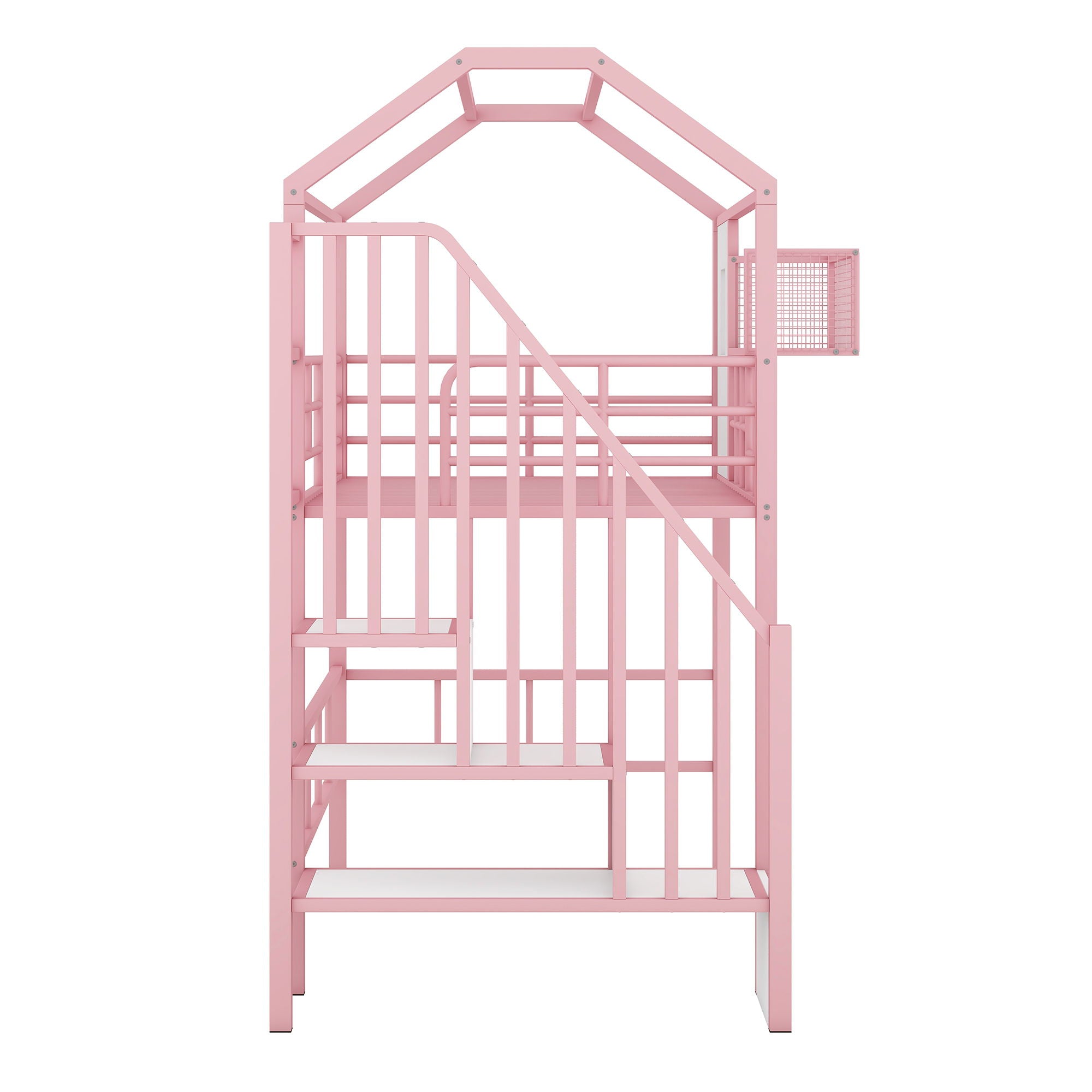 Metal Loft Bed With Roof Design And Storage Box With Guardrails And Integrated Ladder