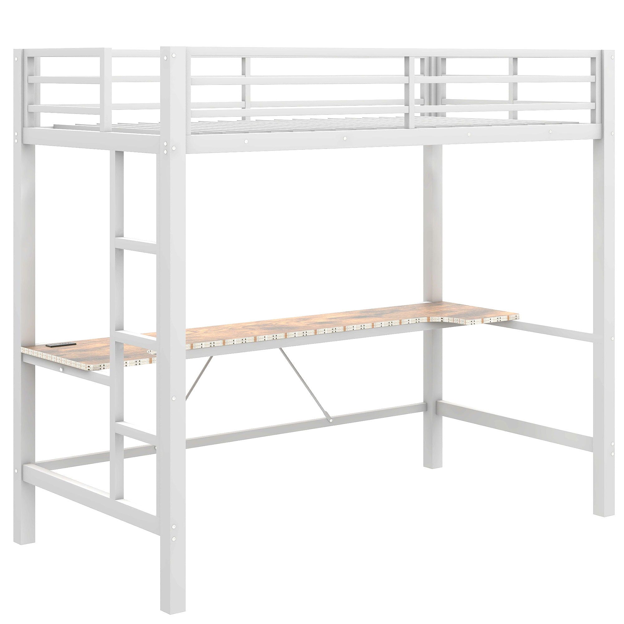 Gaming Metal Loft Bed Frame With LED Light, USB Charge Station And Desk