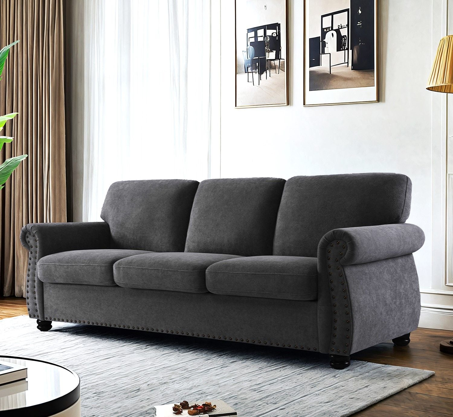 Soft Sofa, Upholstered 3 Seater Couch With High Density Foam, Loose Back Cushions And Turned Legs