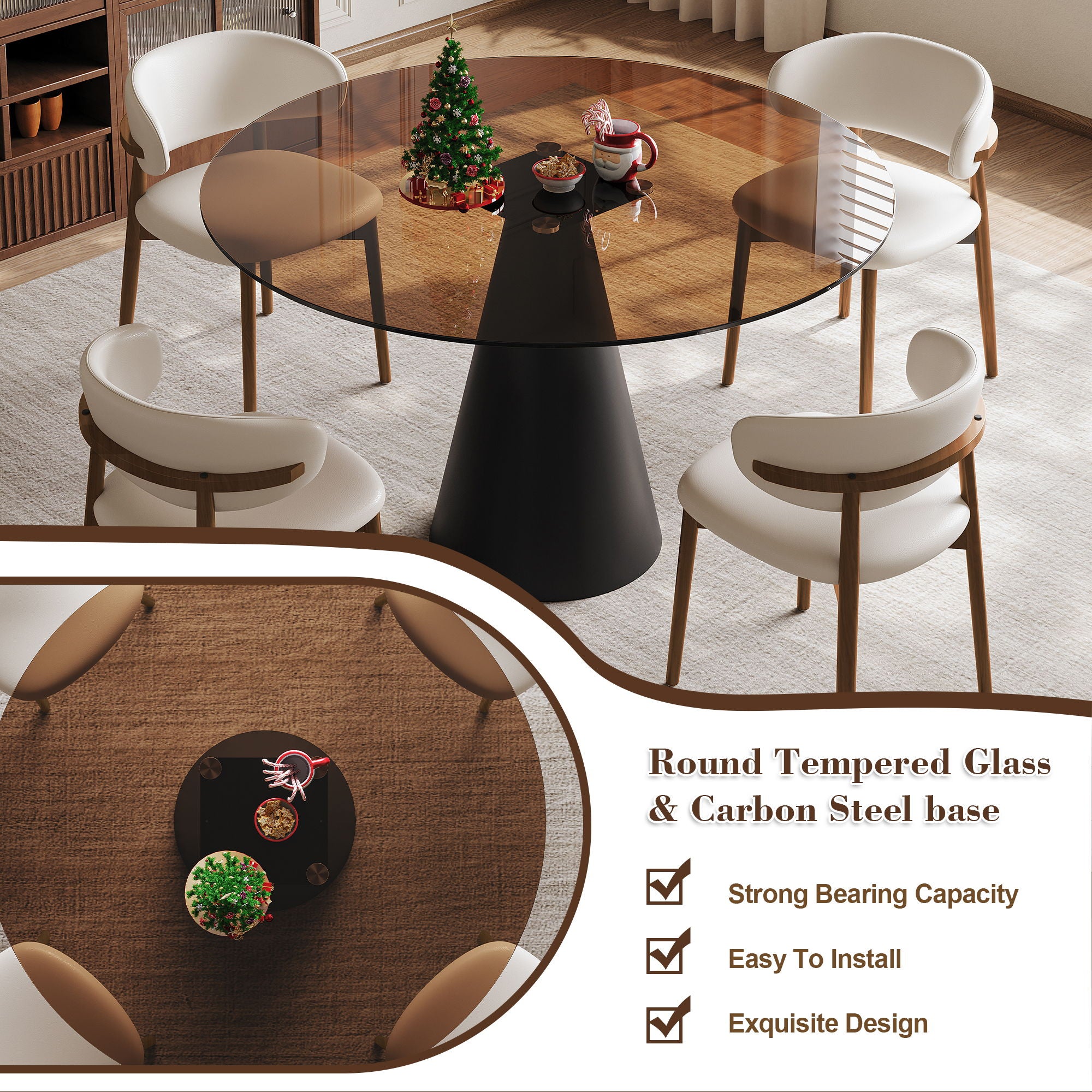 Round Dining Table With With 4 Chairs - Black / Brown