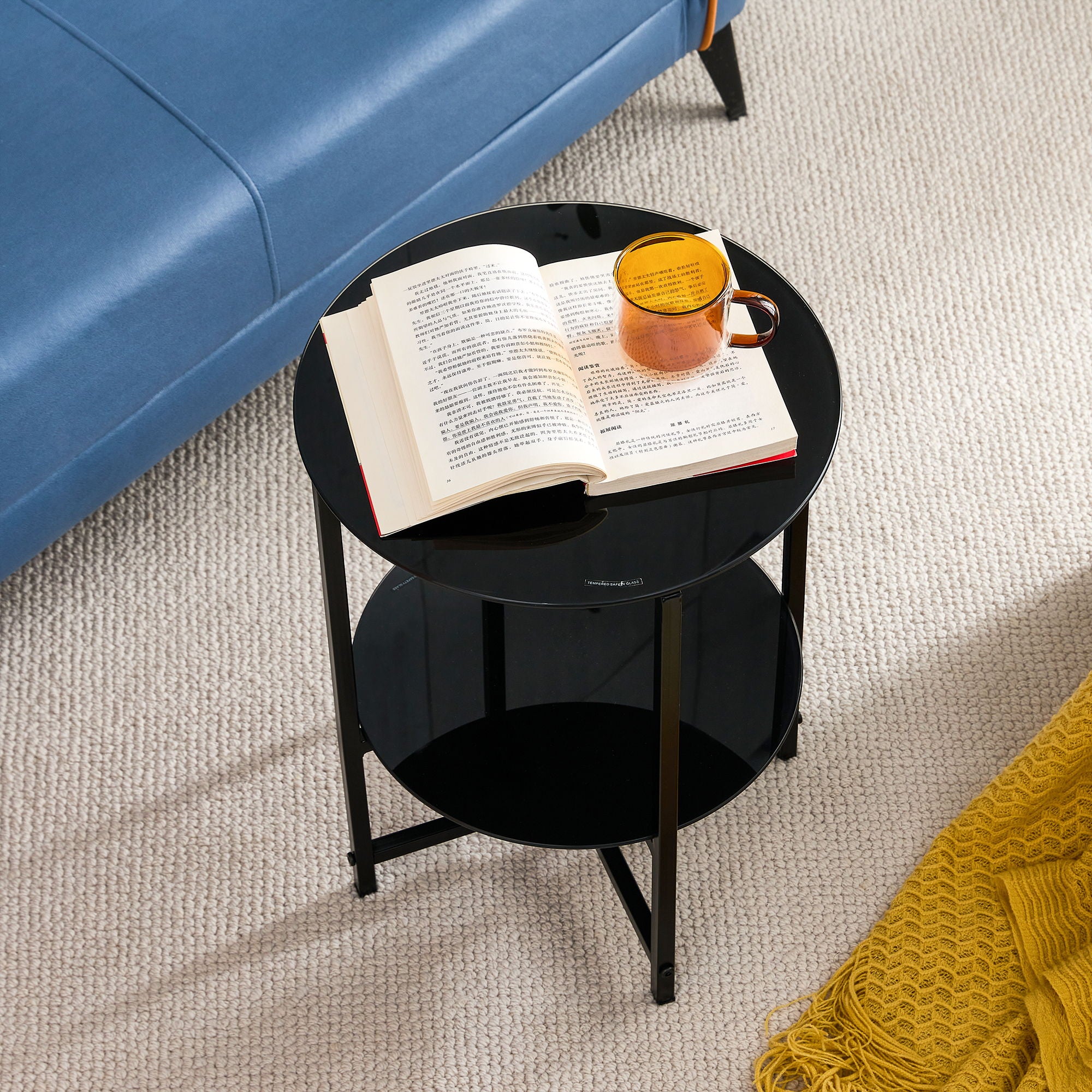 JWS Tempered Glass End Table (Set of 2), Round Coffee Table For Bedroom Living Room Office - Black